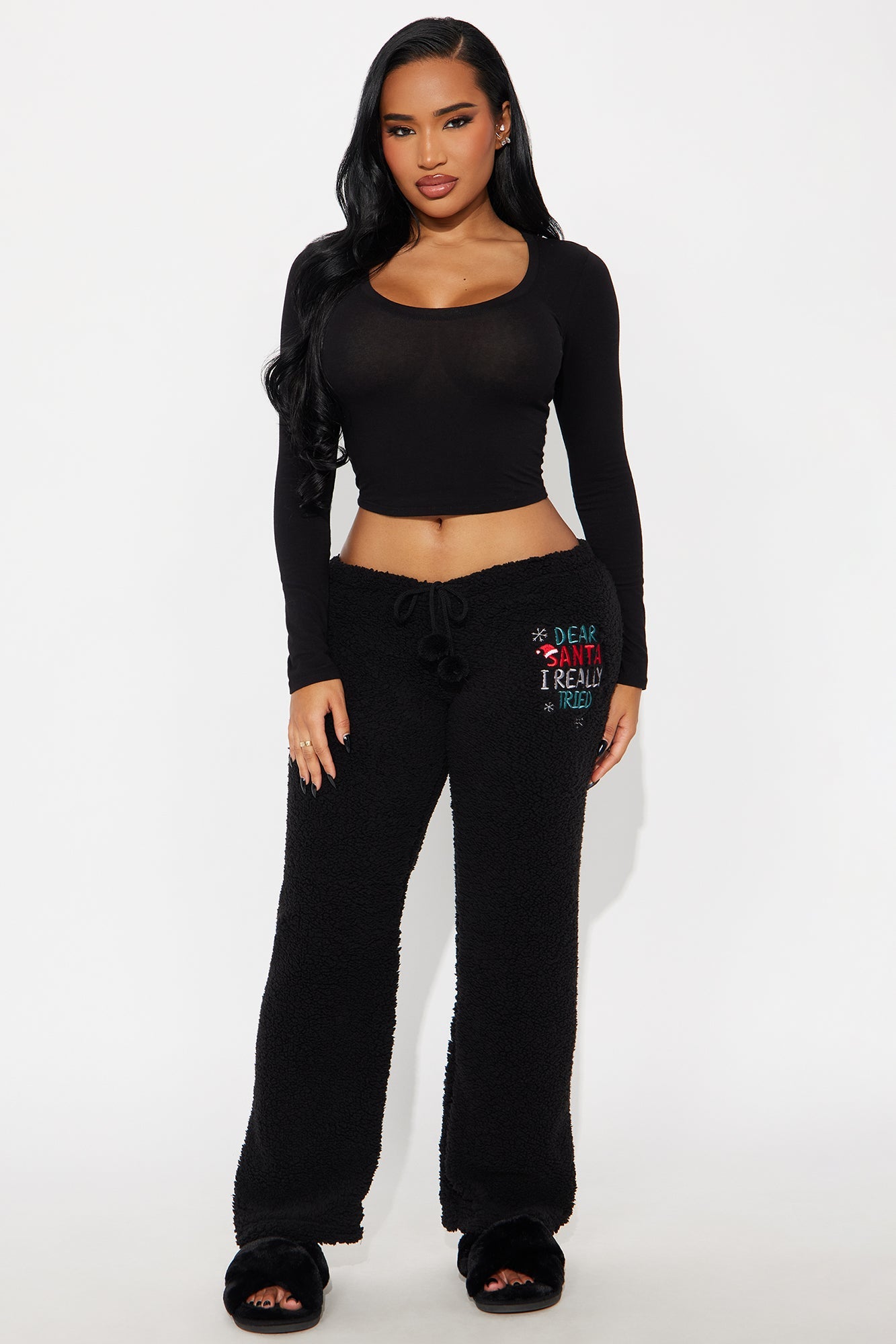 Dear Santa I Tried Embroidered Sherpa PJ Pants - Black