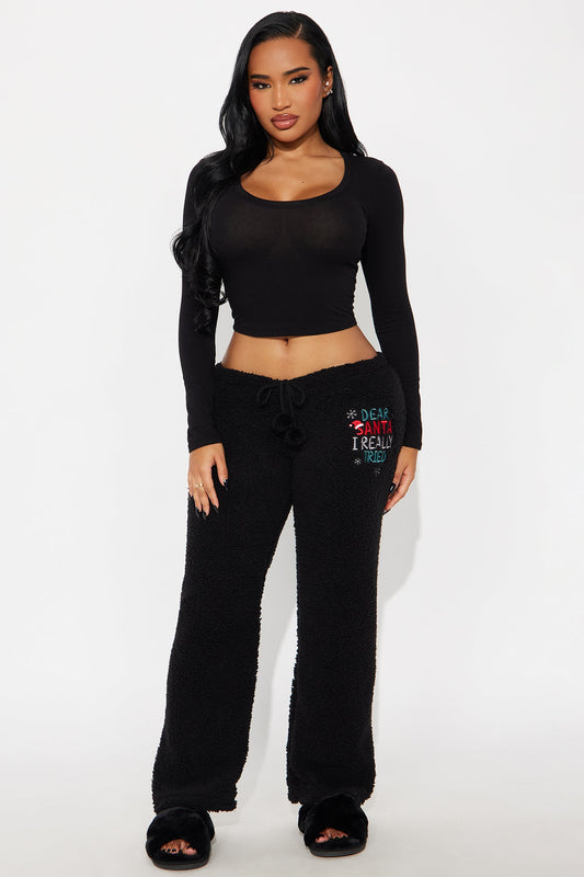 Dear Santa I Tried Embroidered Sherpa PJ Pants - Black