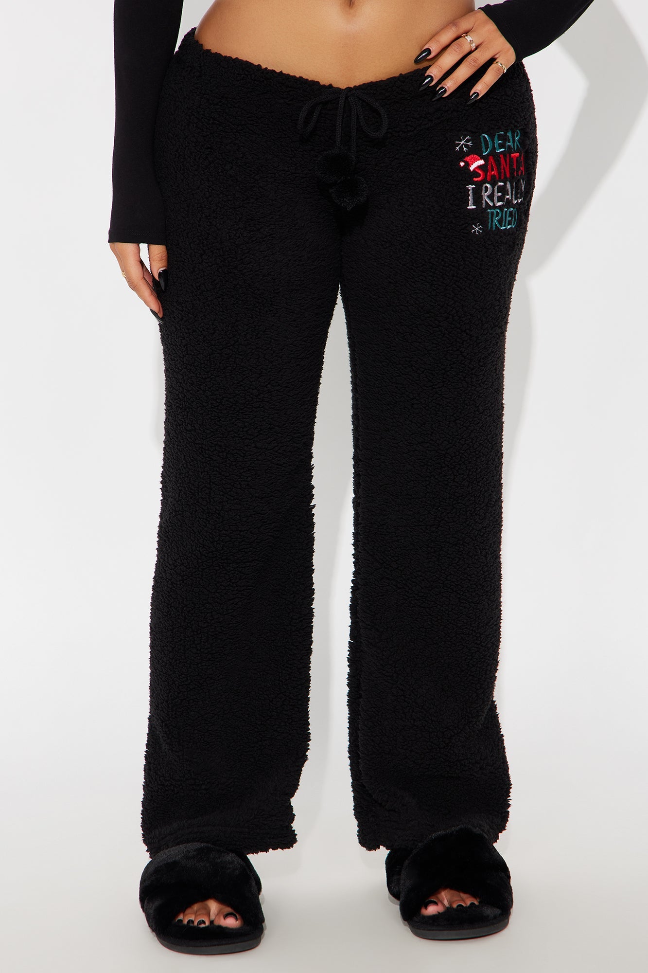 Dear Santa I Tried Embroidered Sherpa PJ Pants - Black