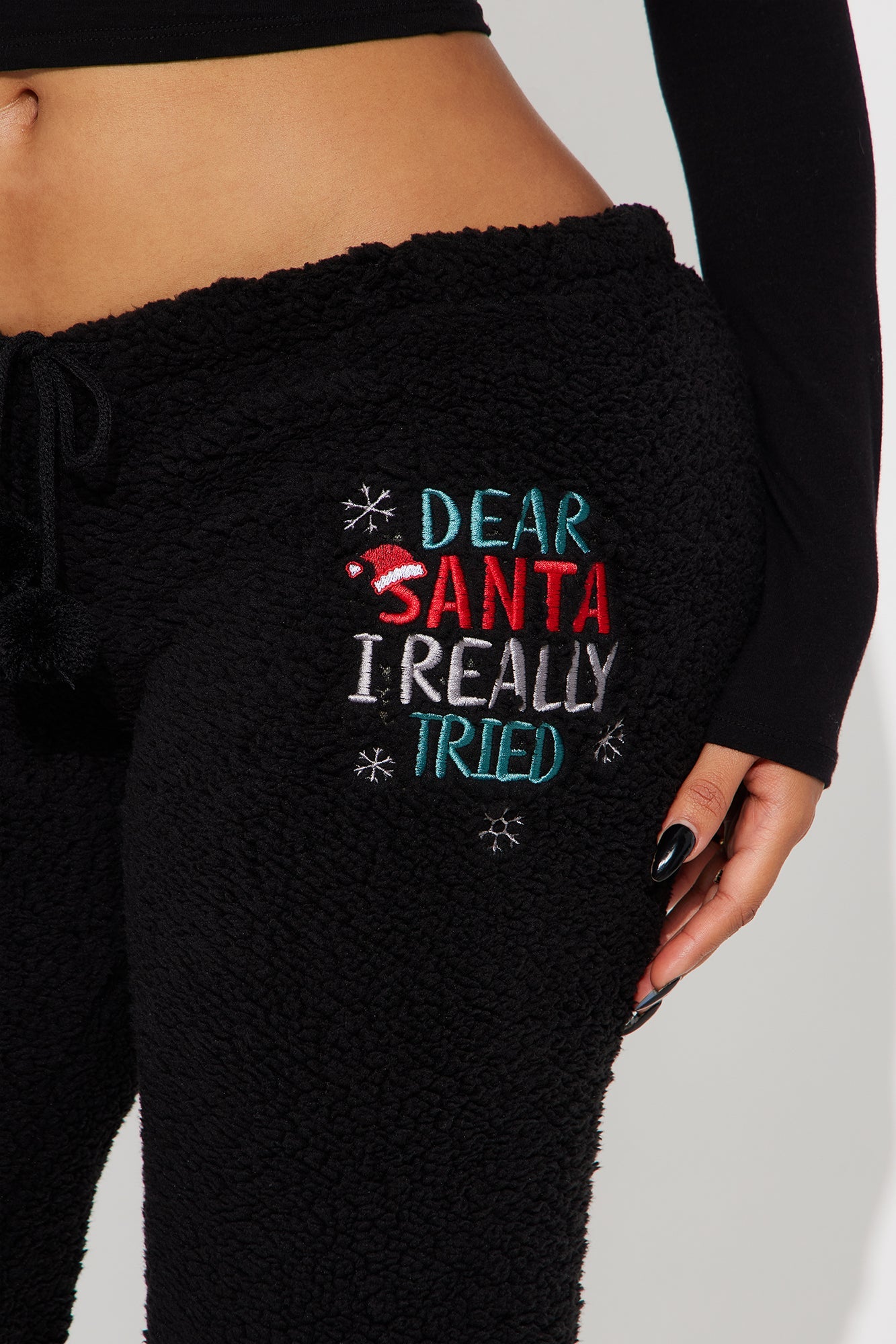 Dear Santa I Tried Embroidered Sherpa PJ Pants - Black