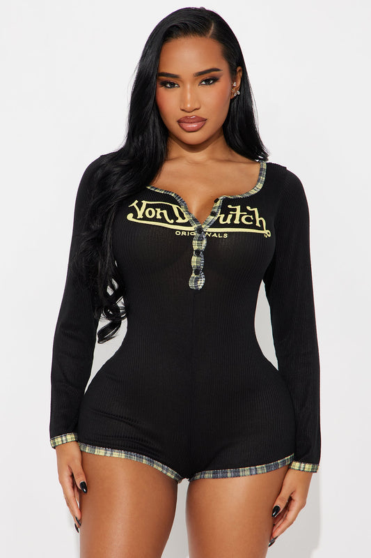 Von Dutch Ribbed Long Sleeve PJ Romper Onesie - Black/Yellow