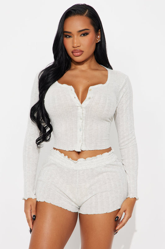 Good Morning Ribbed Long Sleeve PJ Short Set - Oatmeal