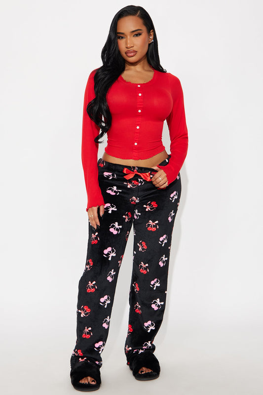 Cherry Pie Long Sleeve Plush PJ Pant Set - Red/Black