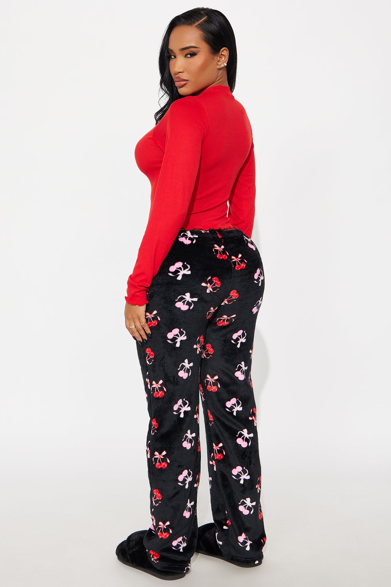 Cherry Pie Long Sleeve Plush PJ Pant Set - Red/Black