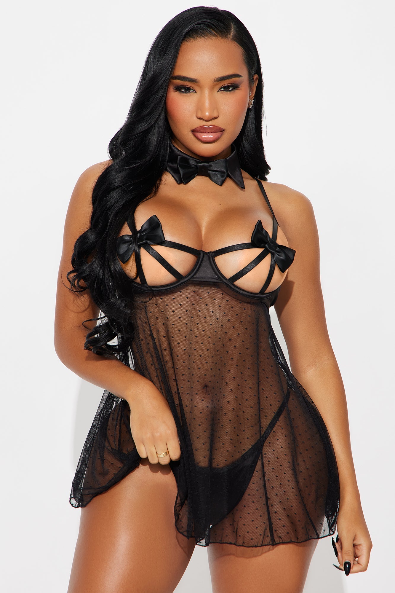 Charm You Tonight Bow Open Cup Babydoll - Black