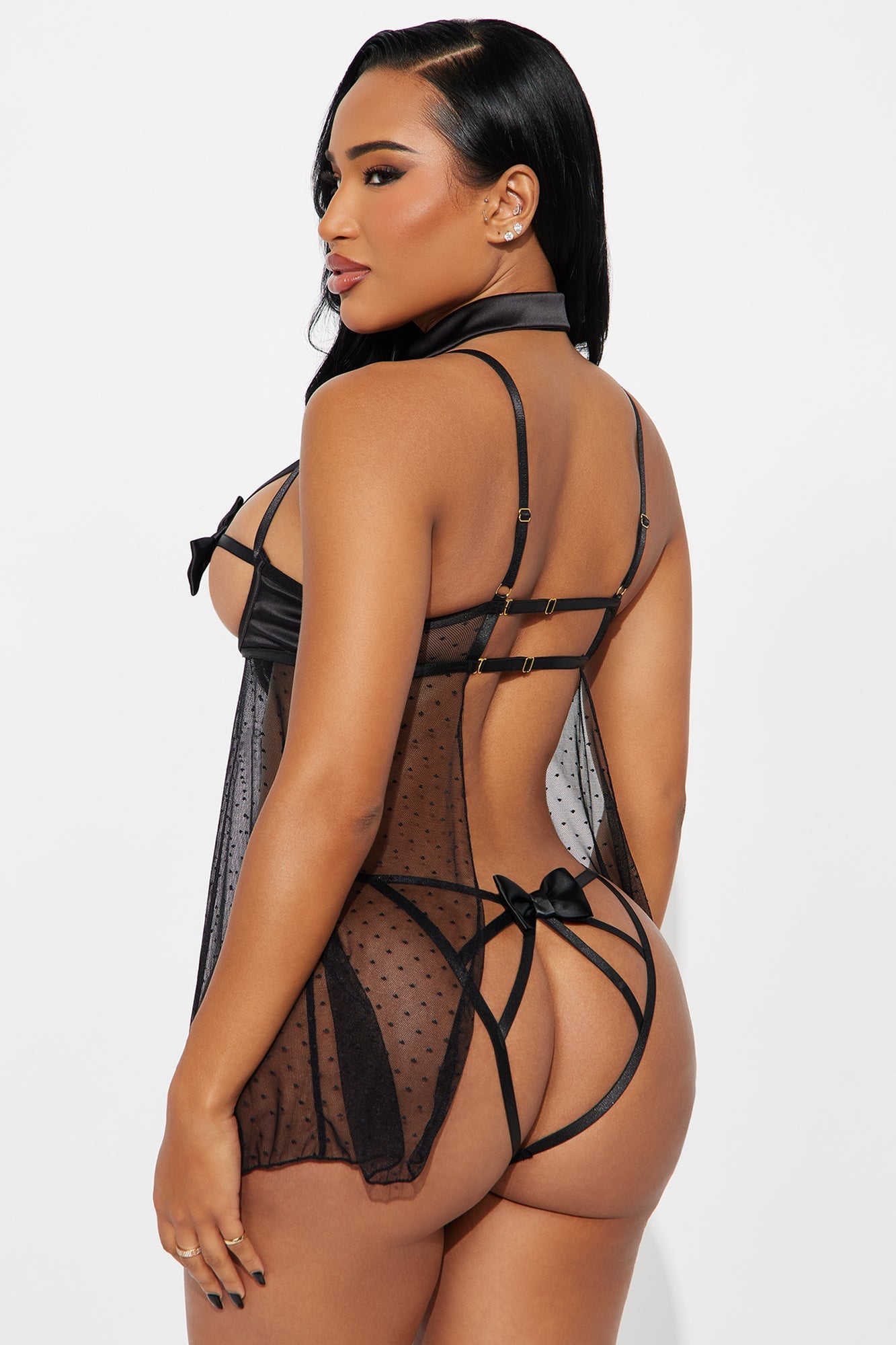 Charm You Tonight Bow Open Cup Babydoll - Black