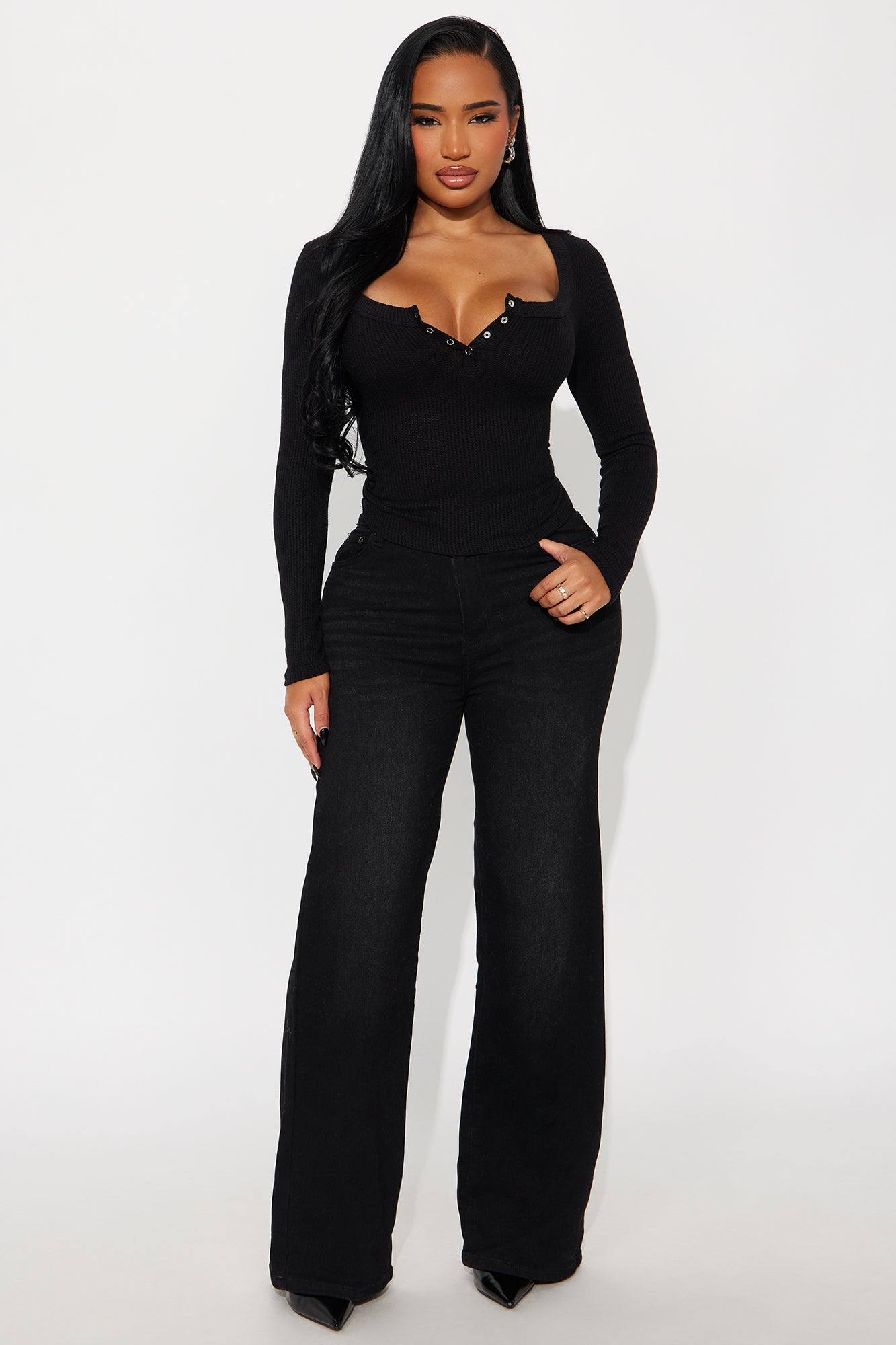 Serena Henley Ribbed Basic Top - Black