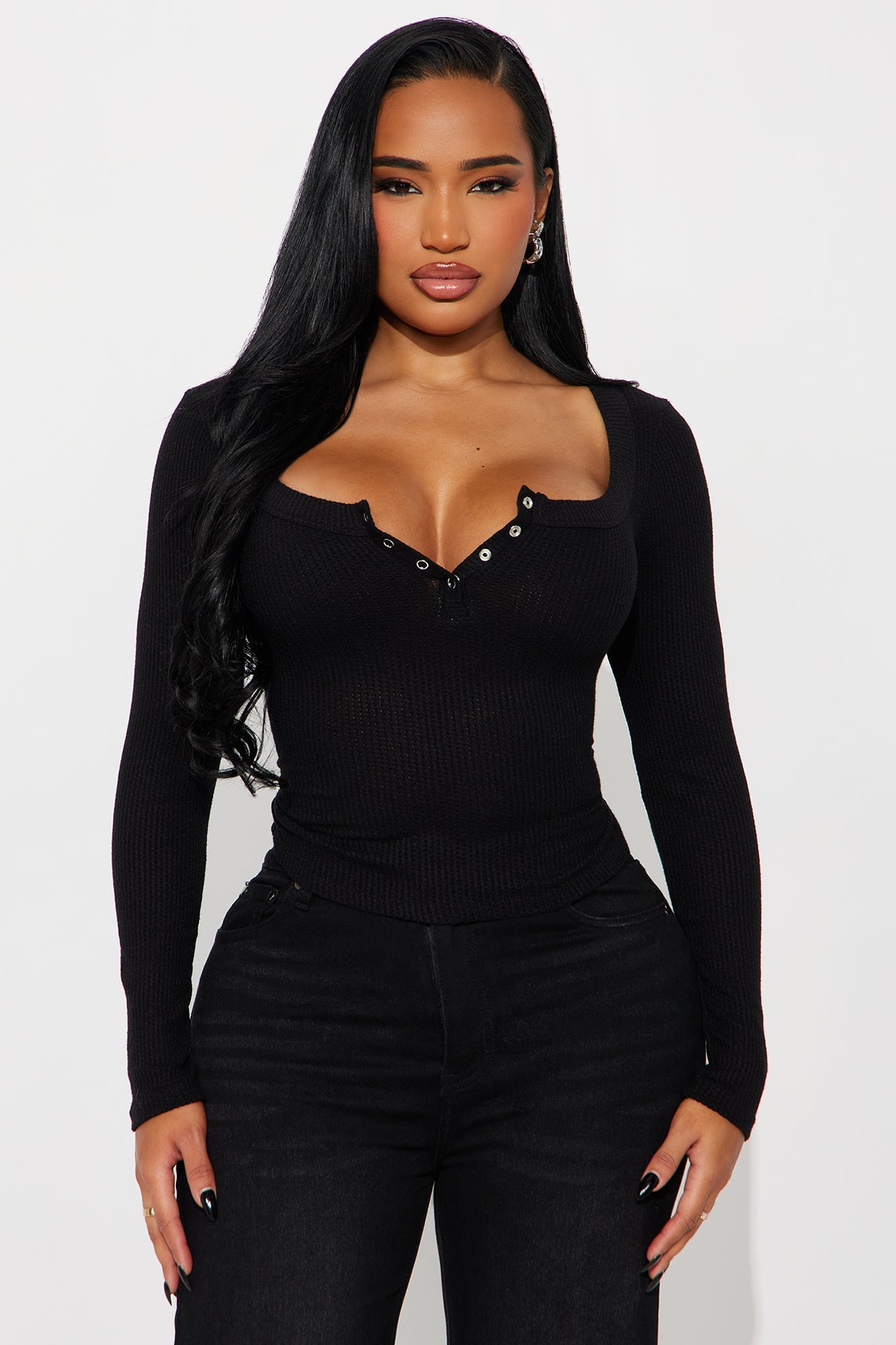 Serena Henley Ribbed Basic Top - Black