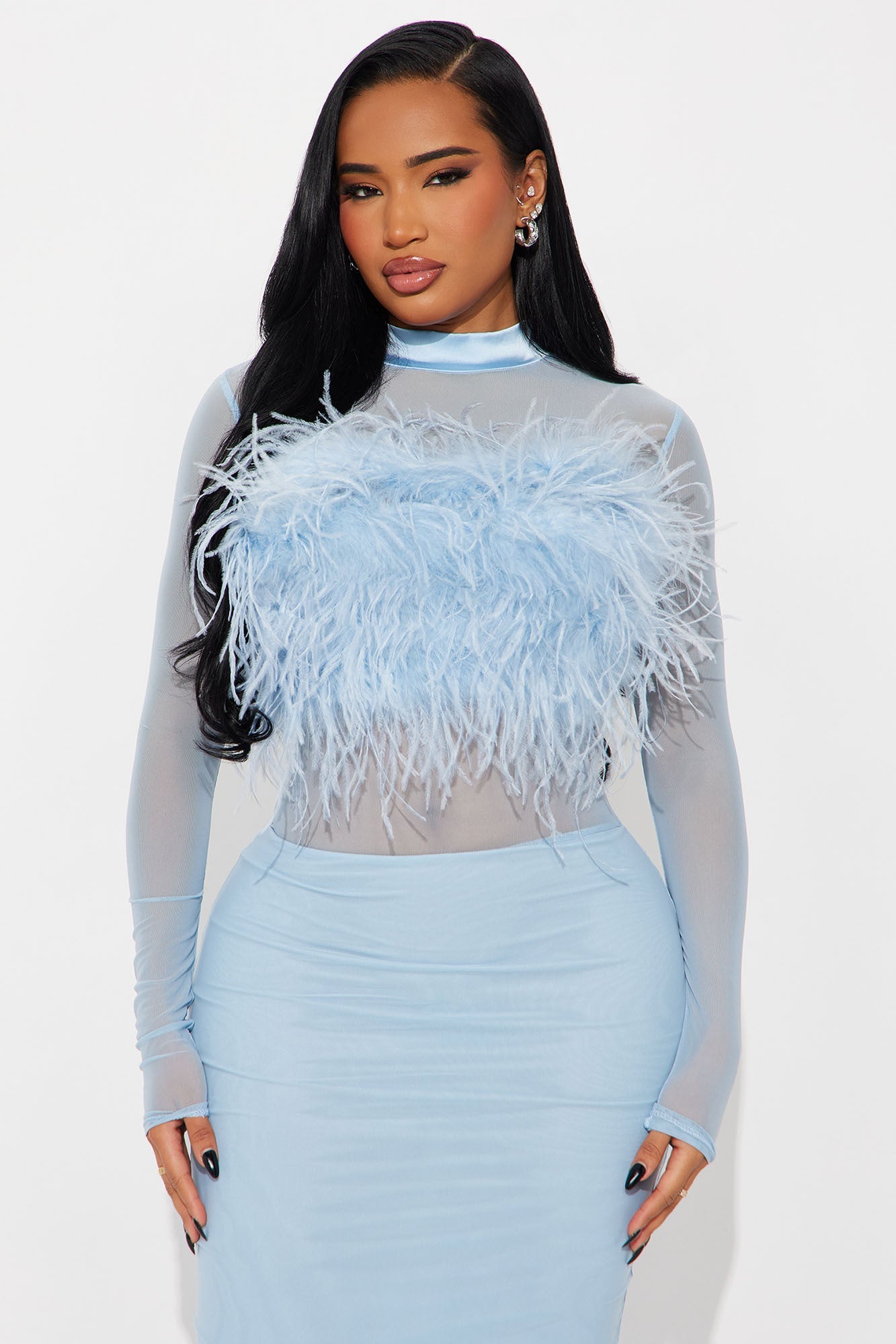 Selene Feather Sheer Mesh Maxi Dress - Dusty Blue