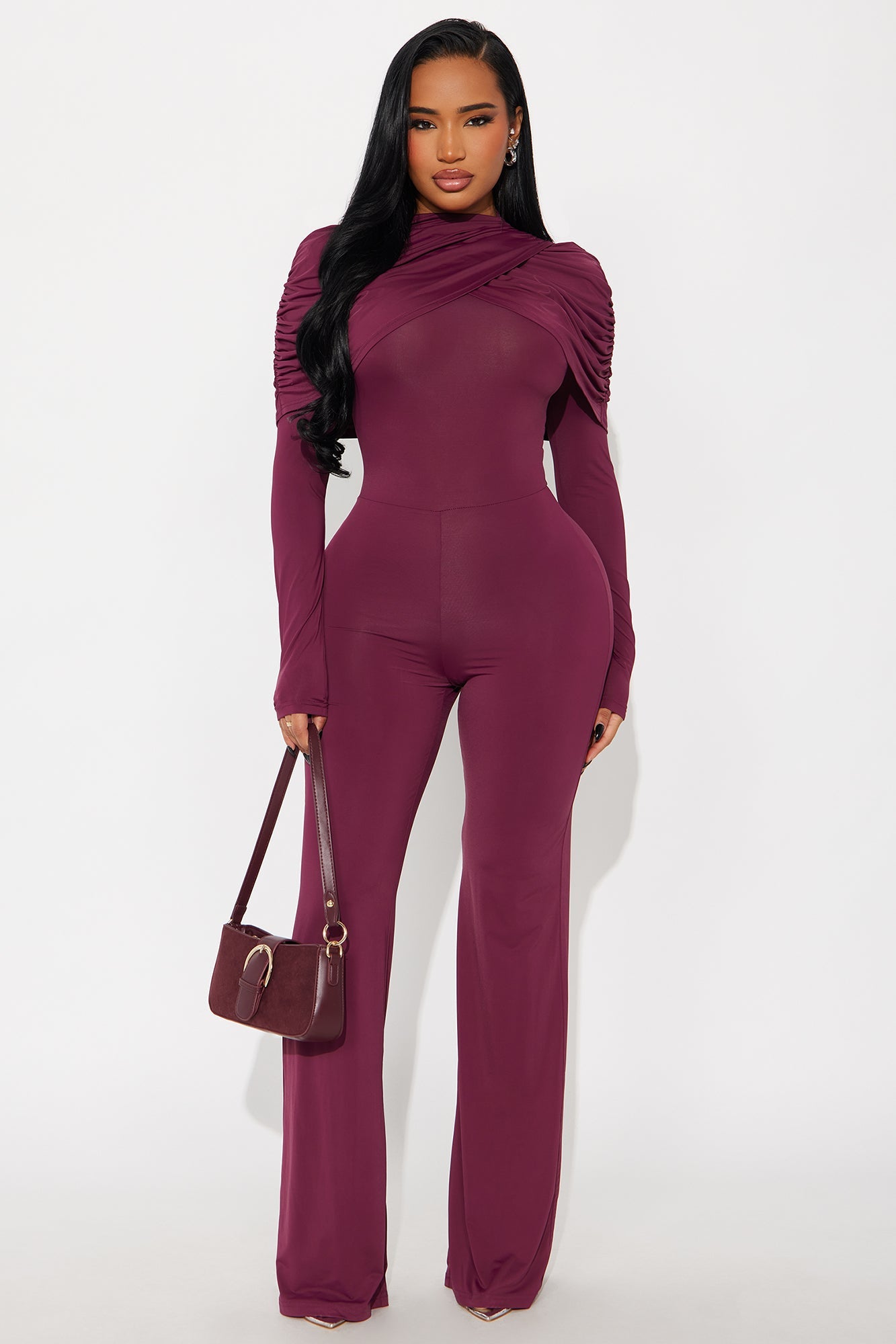 Eloise Draped Long Sleeve Jumpsuit - Wine
