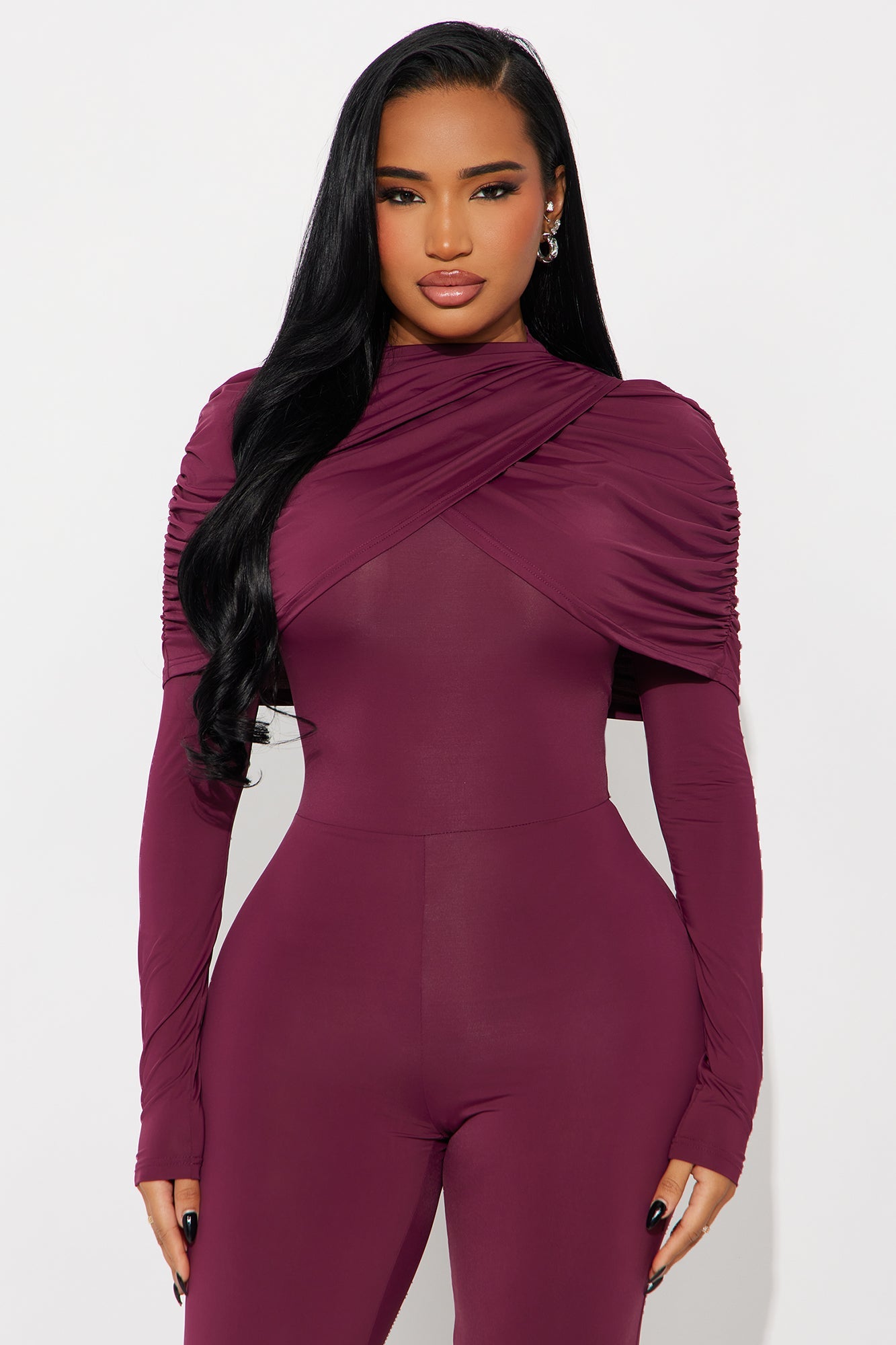 Eloise Draped Long Sleeve Jumpsuit - Wine
