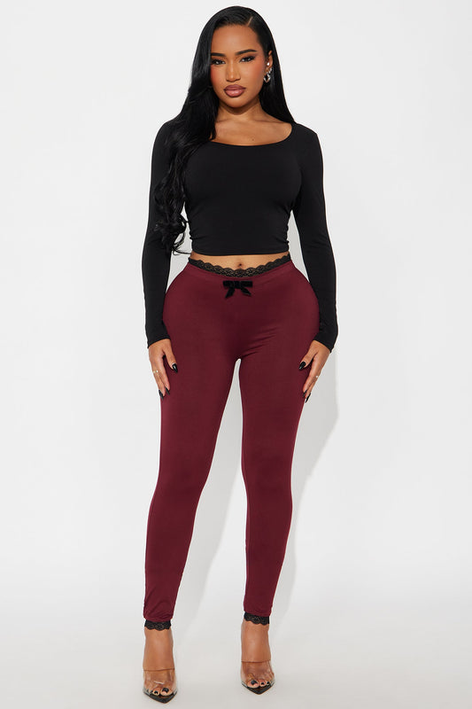 Valentina Solid Lace Trim Legging - Burgundy