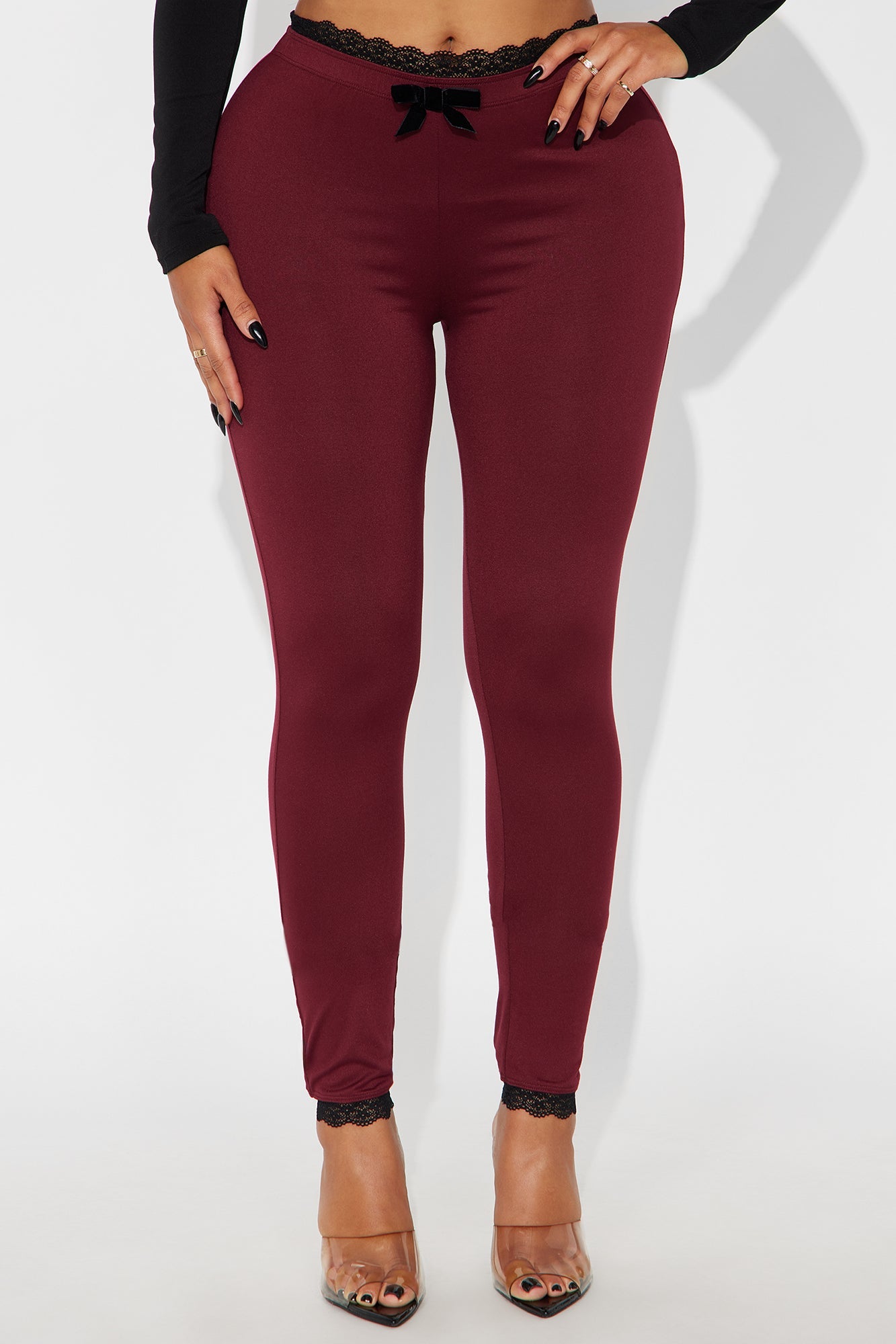 Valentina Solid Lace Trim Legging - Burgundy