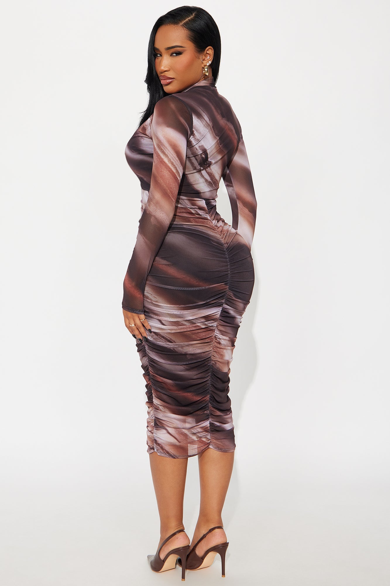 Tamara Long Sleeve Tie Dye Mesh Midi Dress - Brown Combo