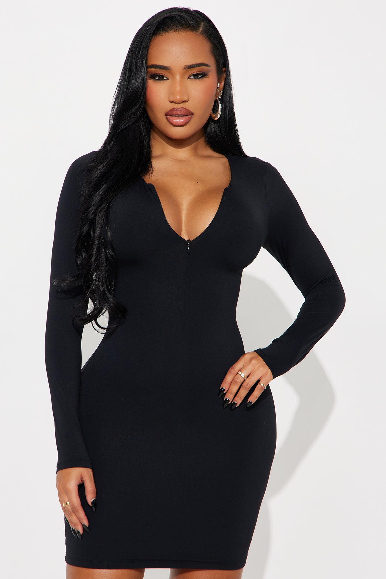 Second Skin Double Lined Zip Front Long Sleeve Mini Dress - Black