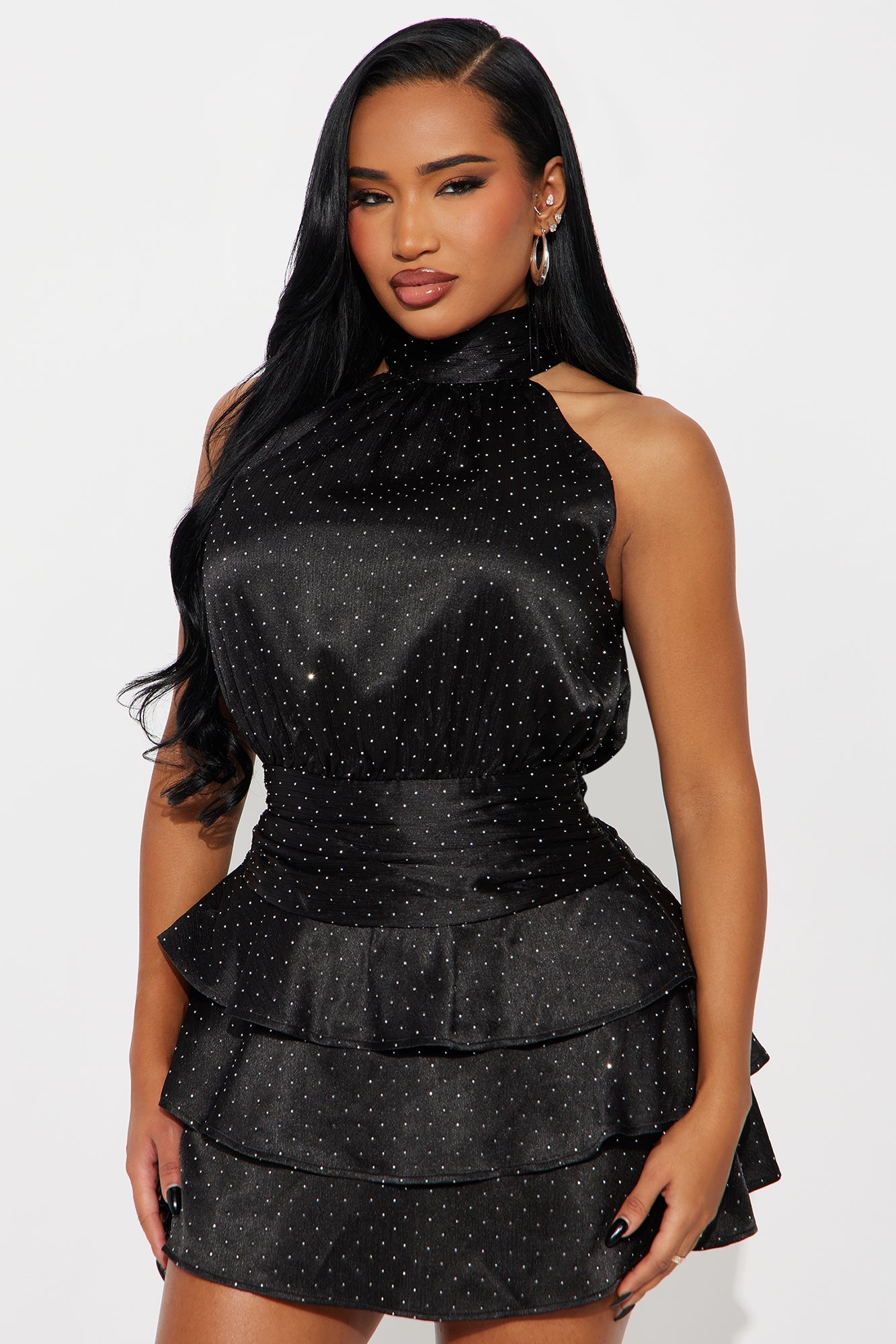 Roxy Rhinestone Embellished Chiffon Mini Dress - Black