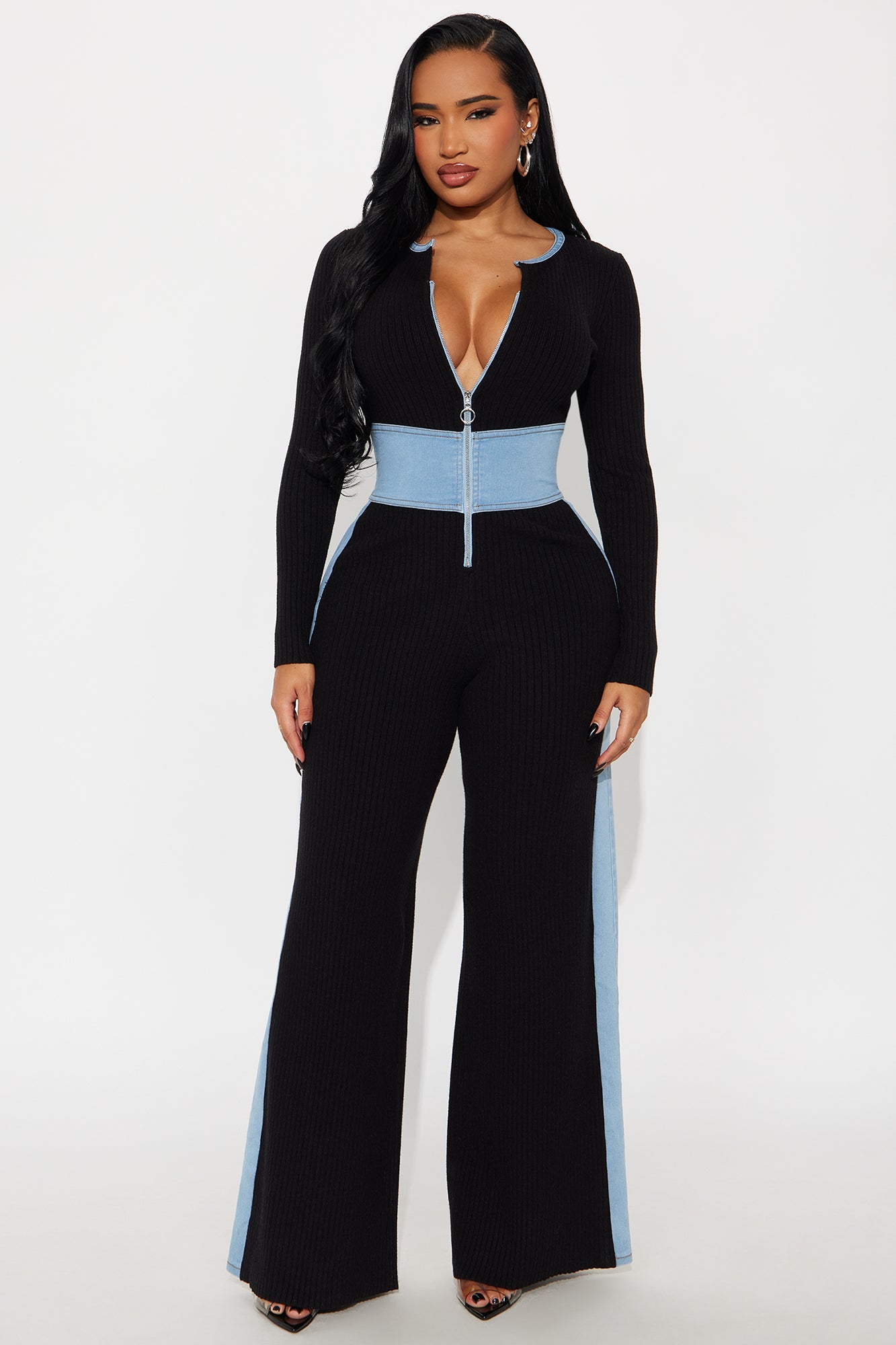 Amaya Denim Mix Wide Leg Jumpsuit - Black