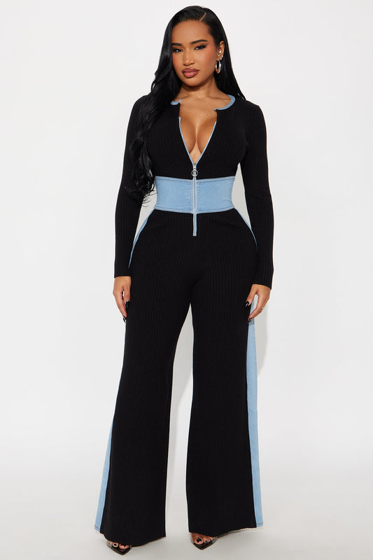 Amaya Denim Mix Wide Leg Jumpsuit - Black