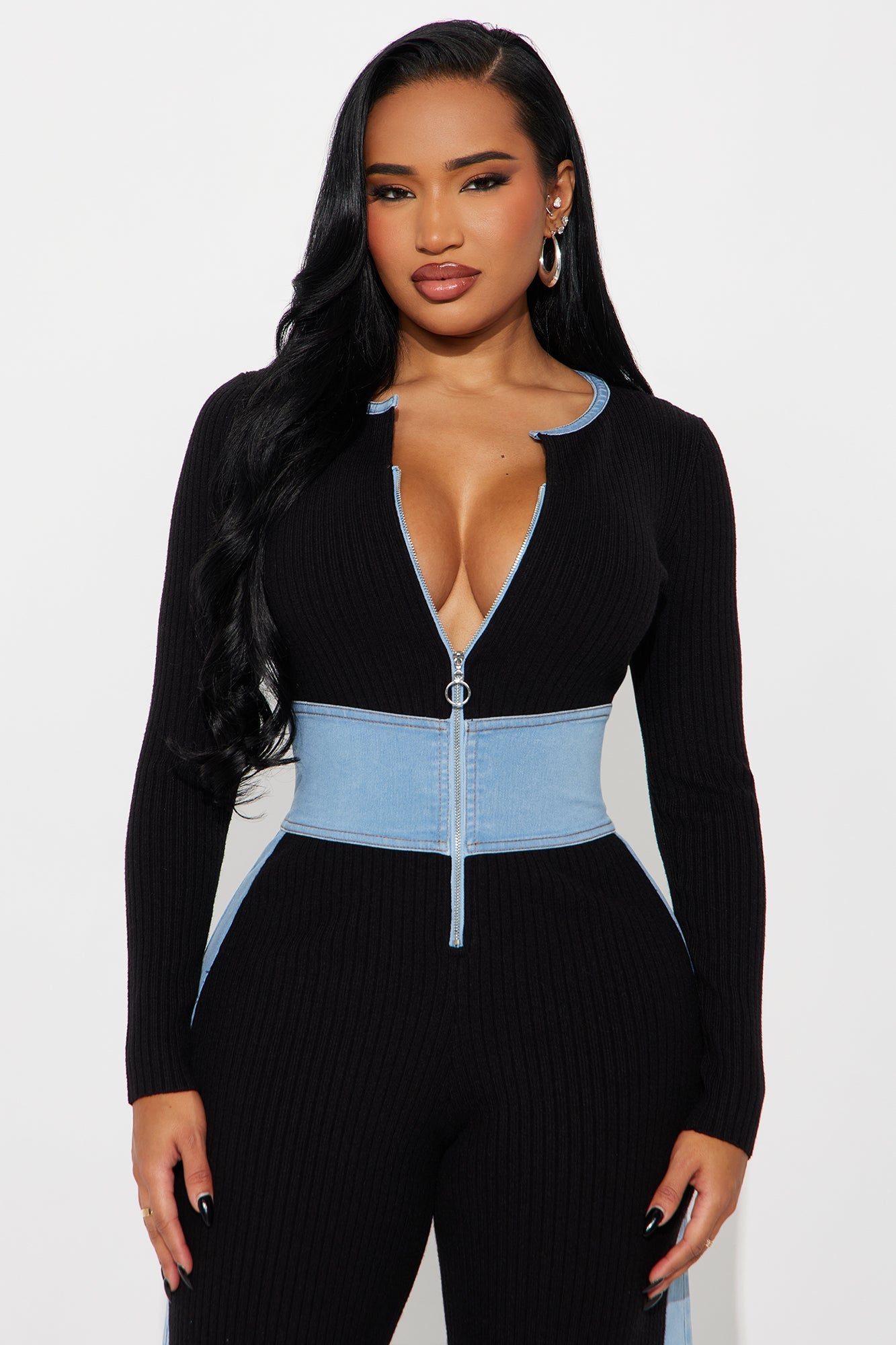 Amaya Denim Mix Wide Leg Jumpsuit - Black