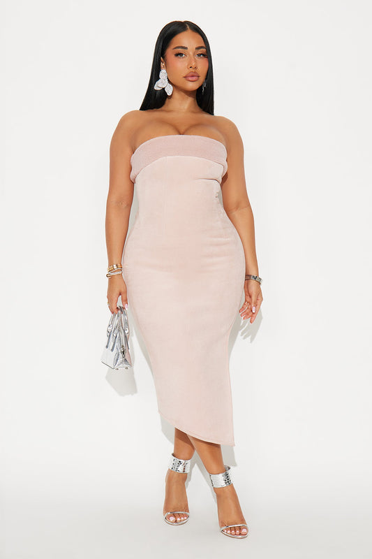 Teddy Fur Trim Faux Suede Midi Dress - Pink