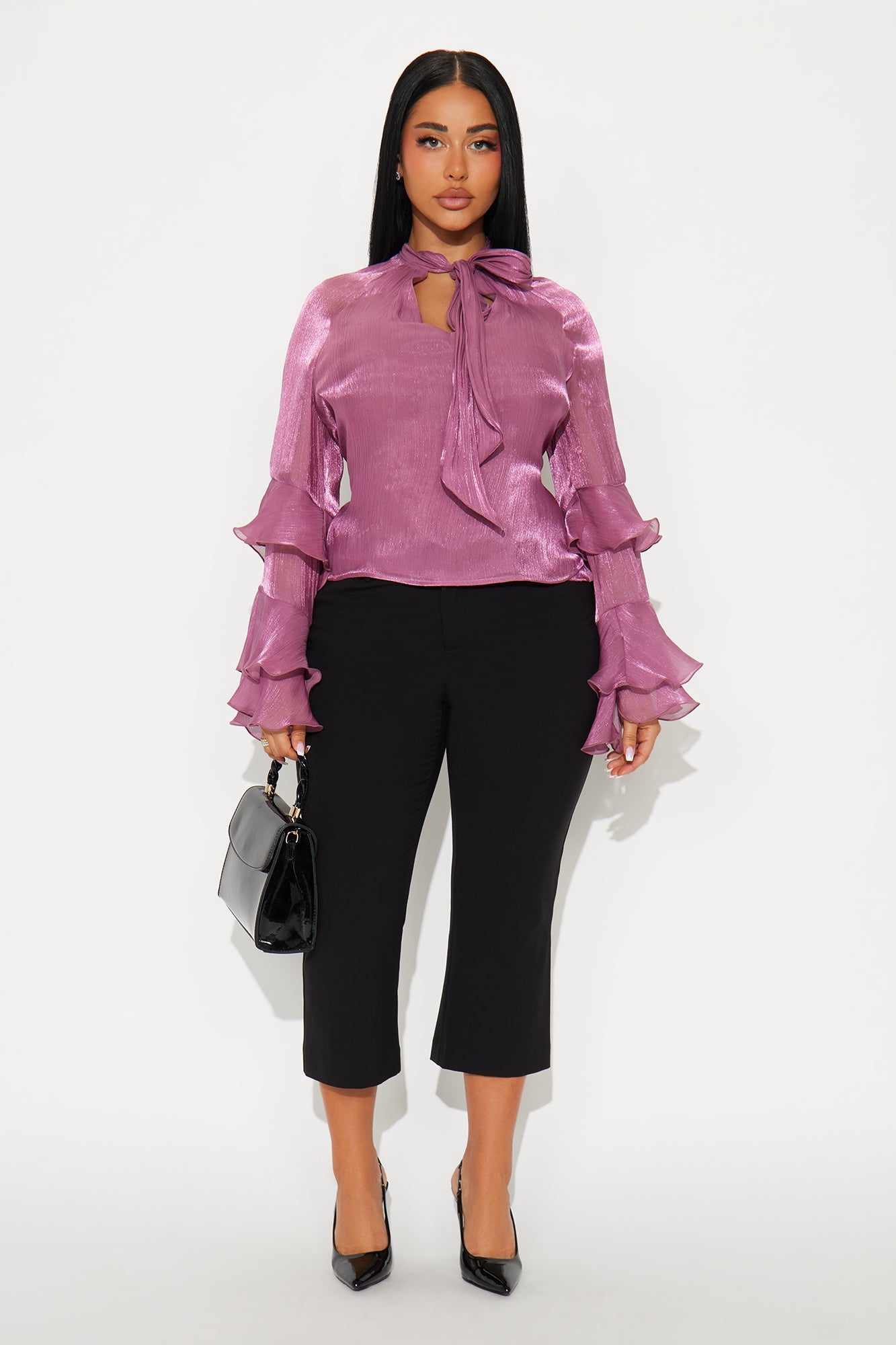 Crystal Clear Neck Tie Ruffle Chiffon Top - Mauve