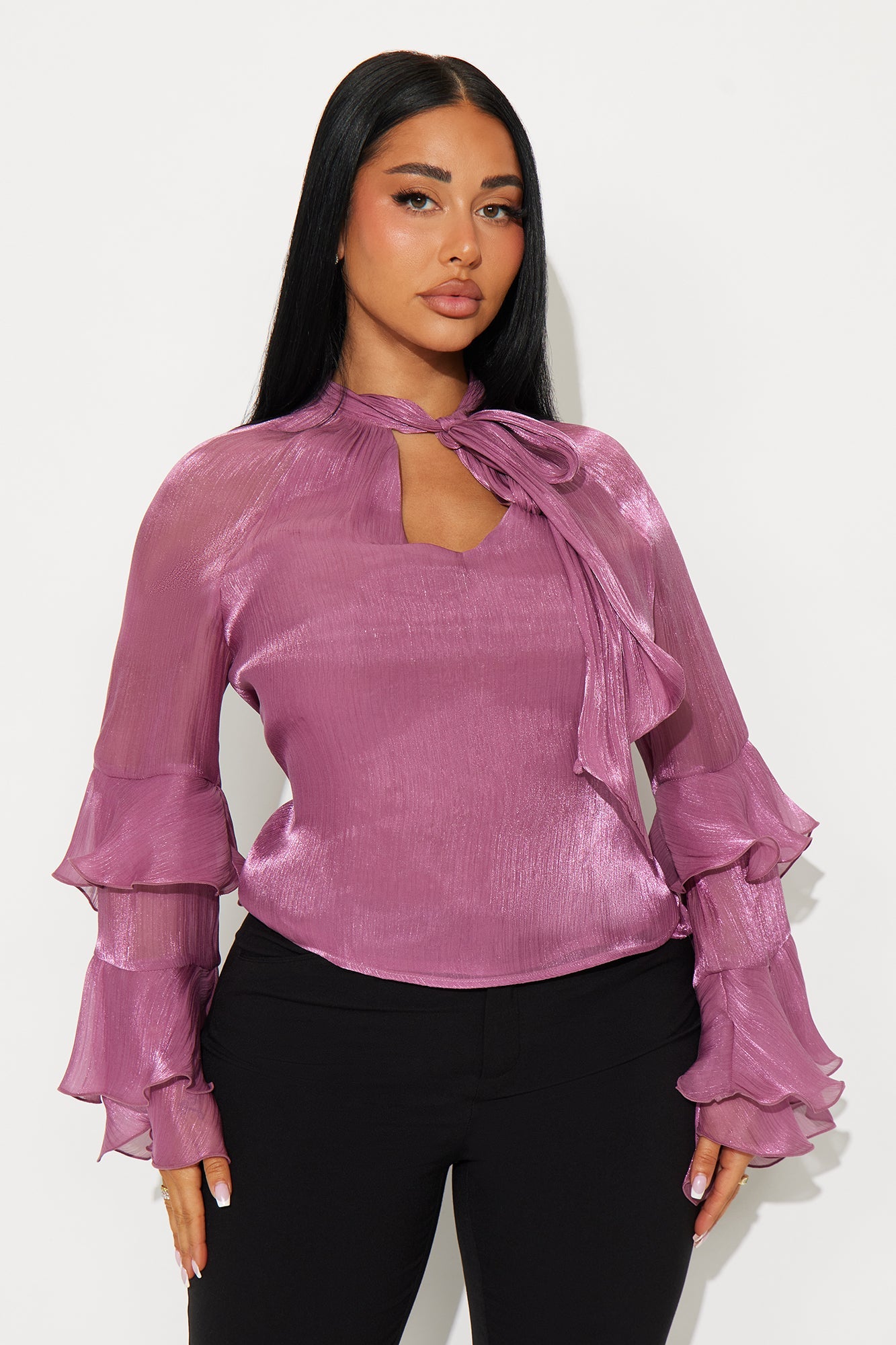 Crystal Clear Neck Tie Ruffle Chiffon Top - Mauve