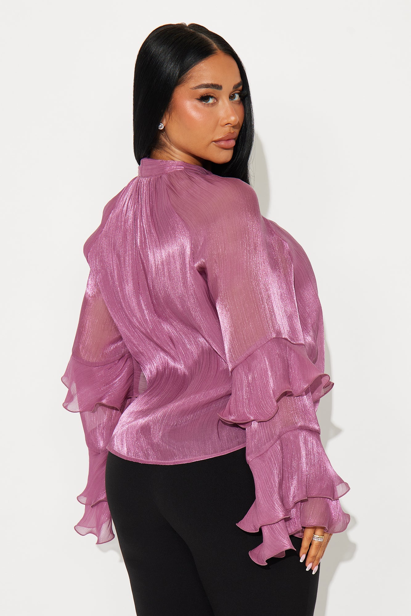Crystal Clear Neck Tie Ruffle Chiffon Top - Mauve