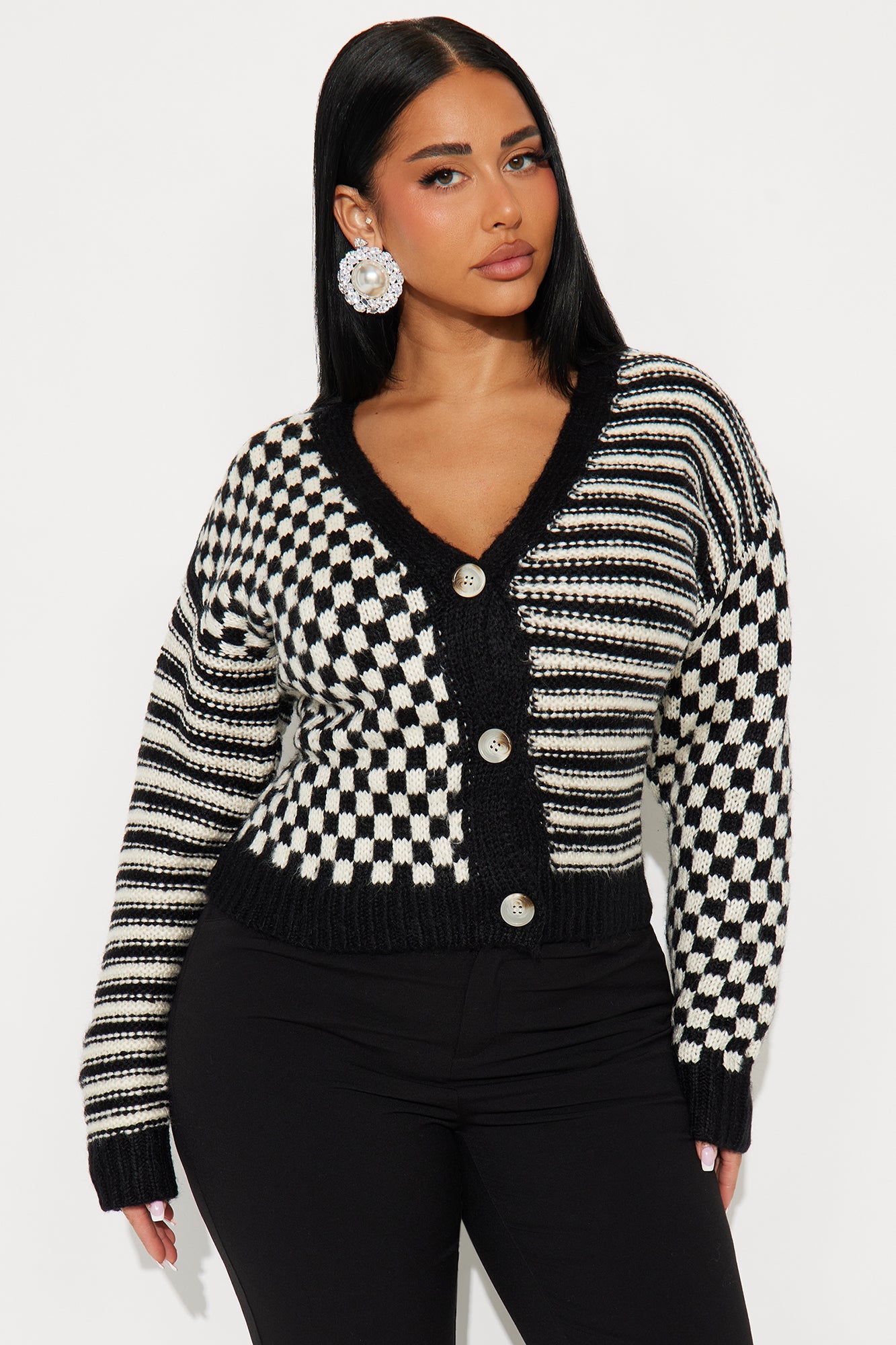 Study Abroad Checkered Cardigan - Black/combo