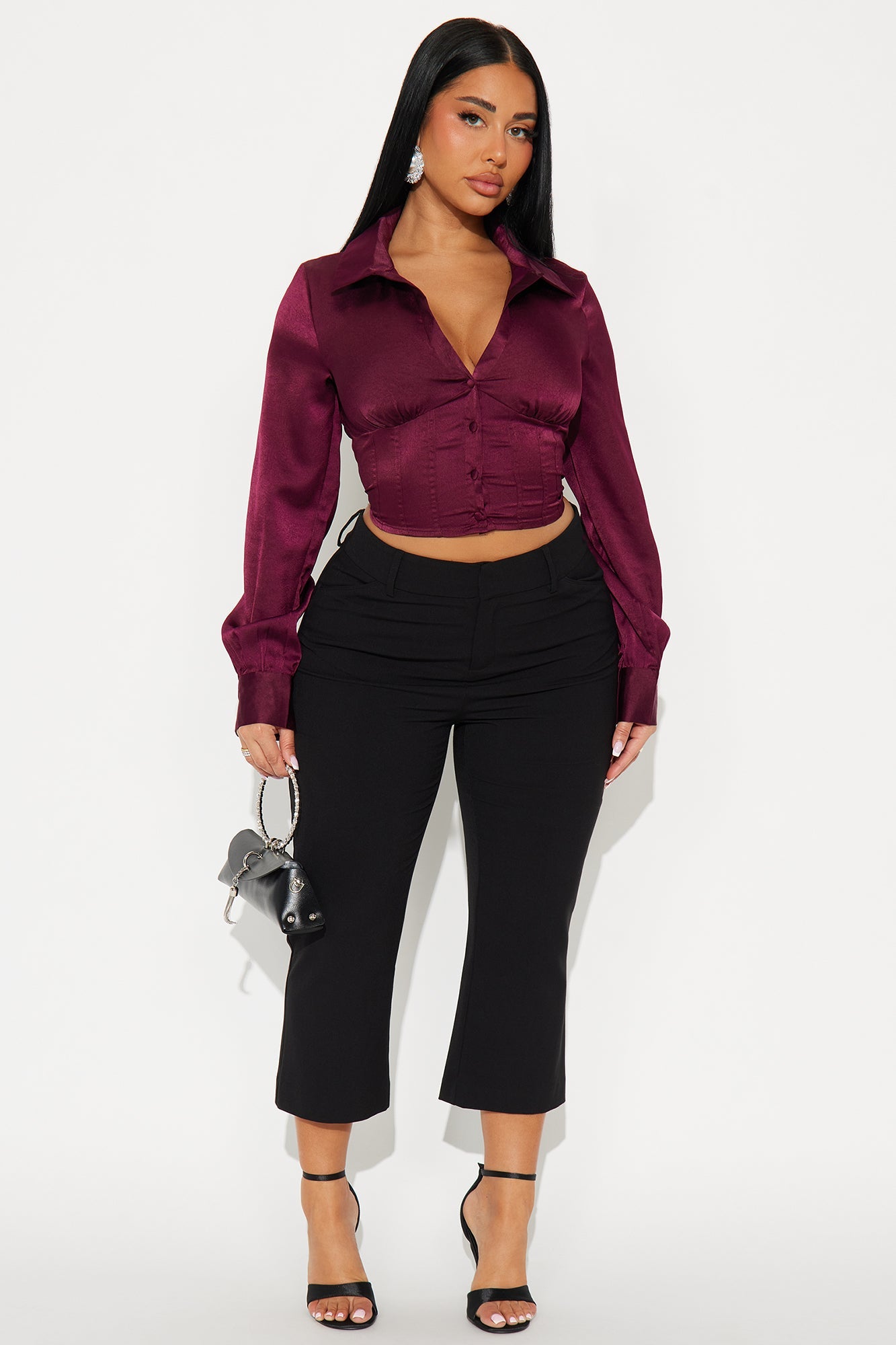 Only Exception Lace Up Satin Shirt - Wine