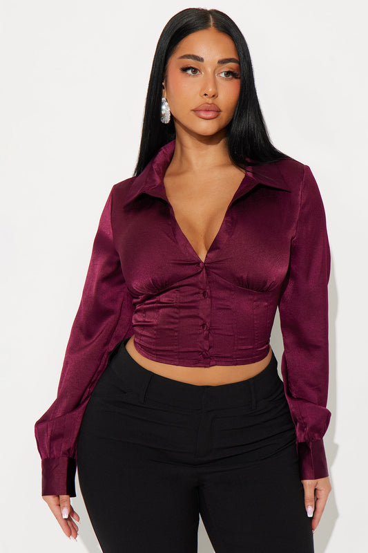 Only Exception Lace Up Satin Shirt - Wine
