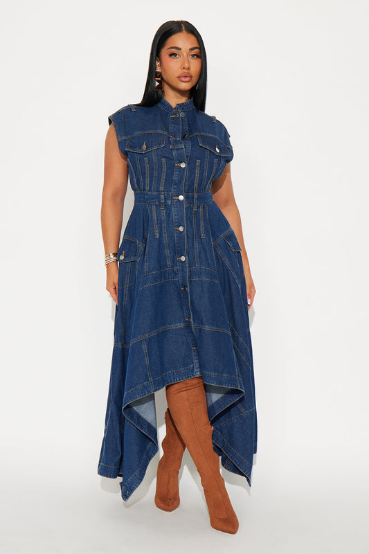 Dolly Button Up Denim Midi Dress - Denim
