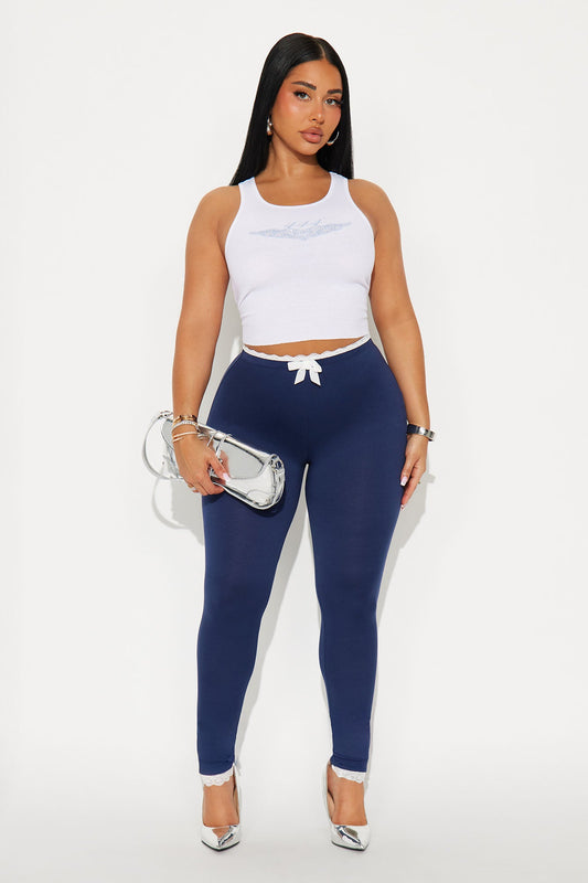 Valentina Solid Lace Trim Legging - Navy