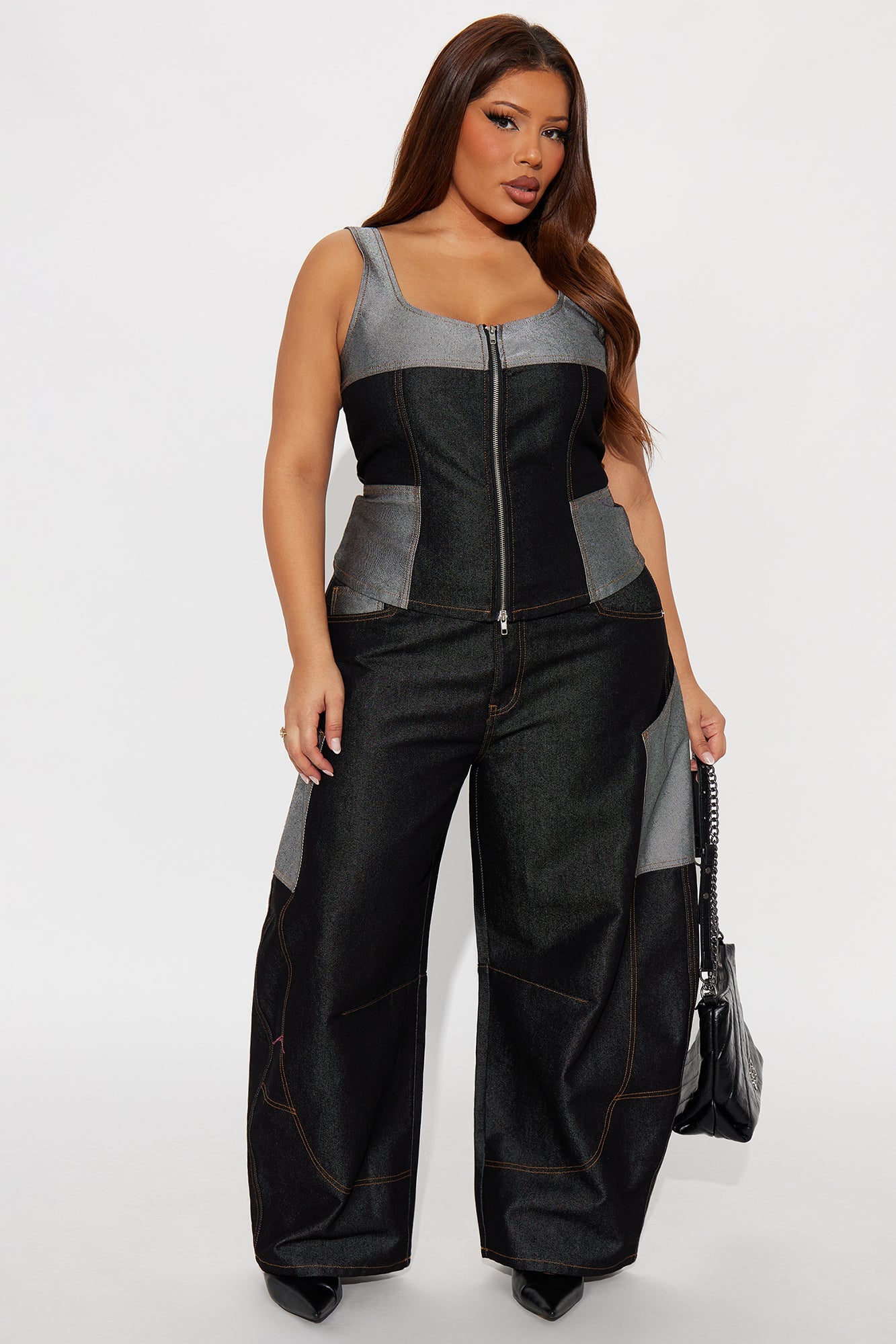 Call Me Later Denim Vest Barrel Leg Pant Set - Dark Wash