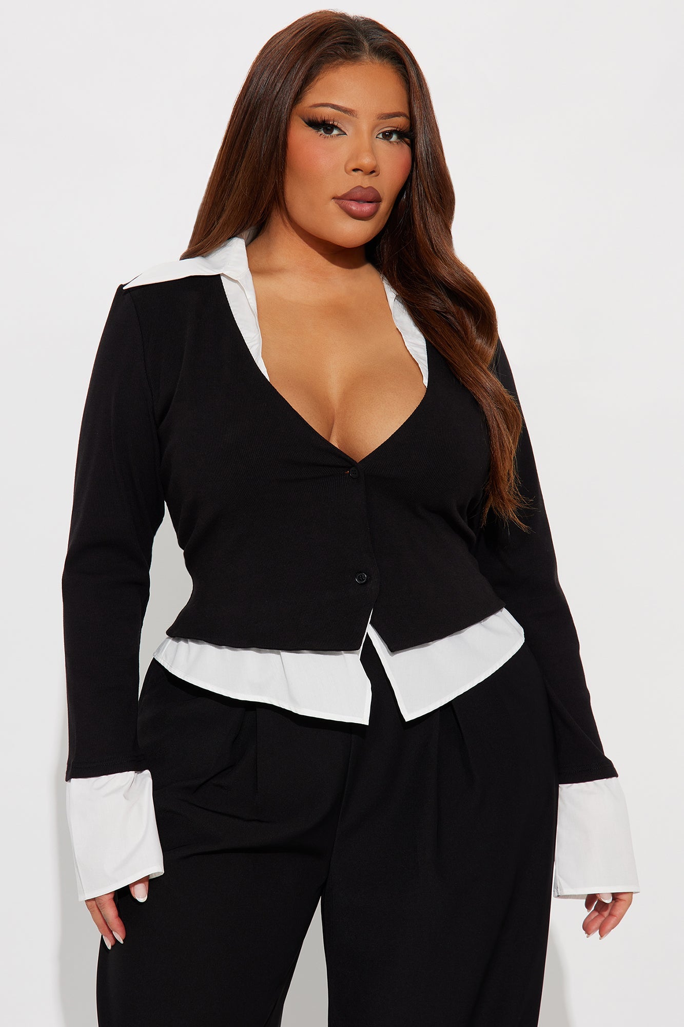 Jinx Long Sleeve Collared Top - Black/combo