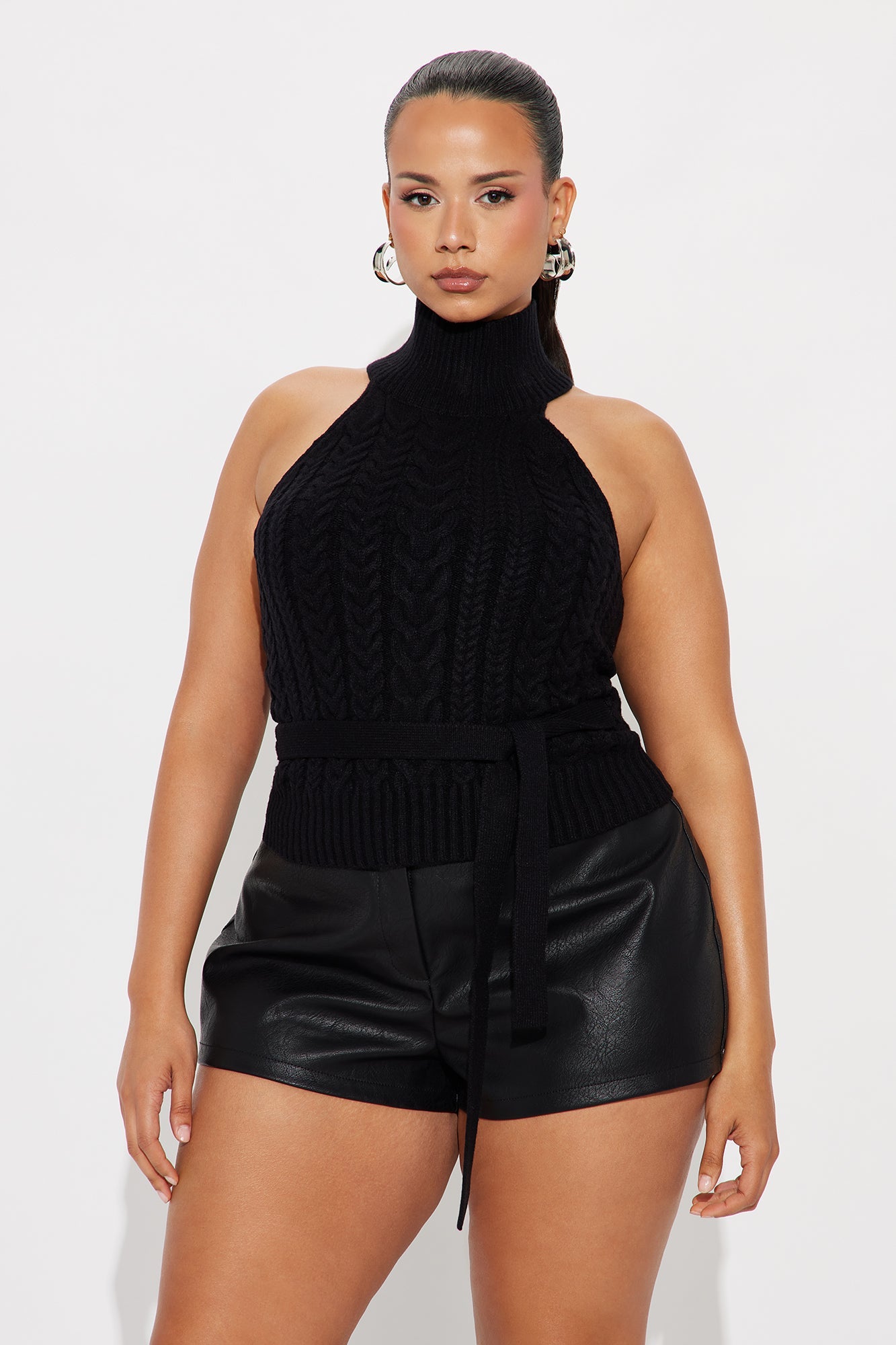 Sassy Soul Cable Knit Turtle Neck Sweater Top - Black