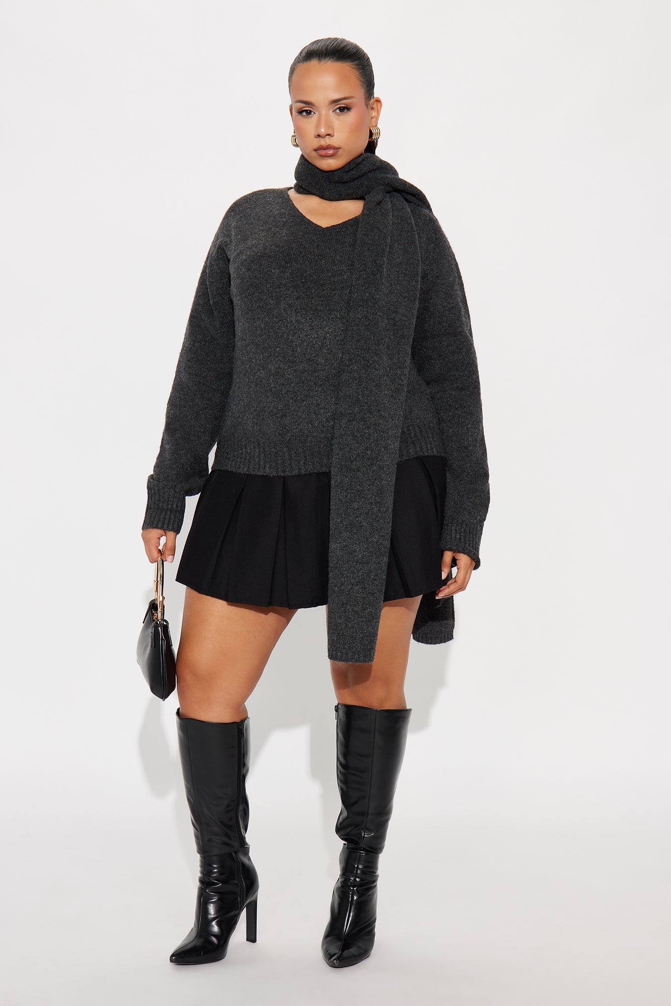 She's Golden 2 Piece Scarf Sweater Set - Charcoal