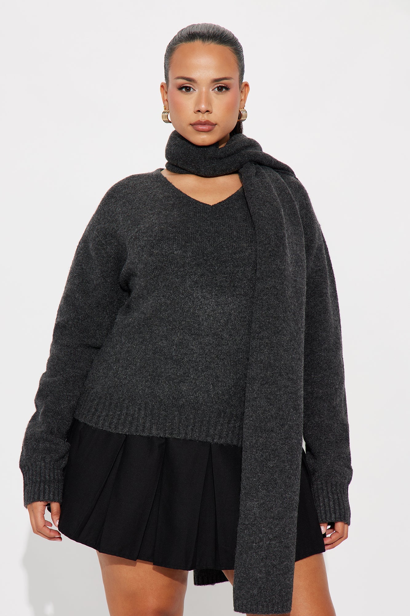 She's Golden 2 Piece Scarf Sweater Set - Charcoal