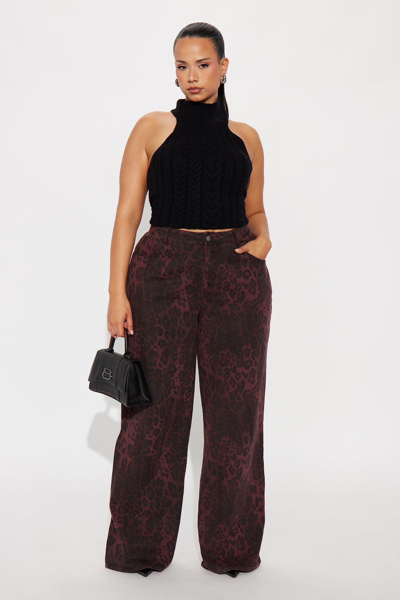 For The Drama Leopard Wide Leg Pant 32″ - Burgundy