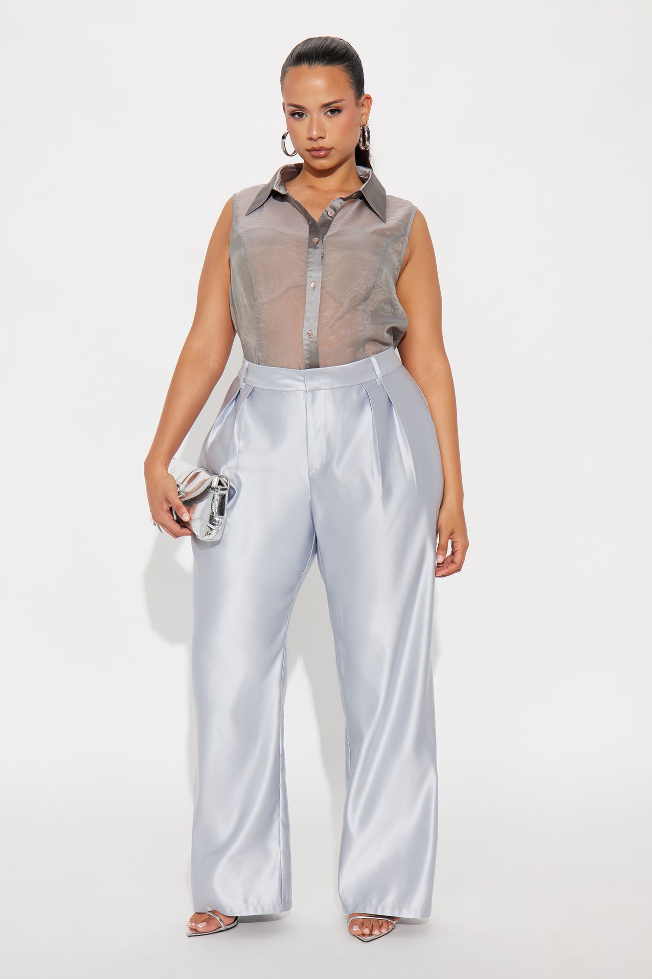 Late Night Cue Satin Wide Leg Pant 32″ - Silver