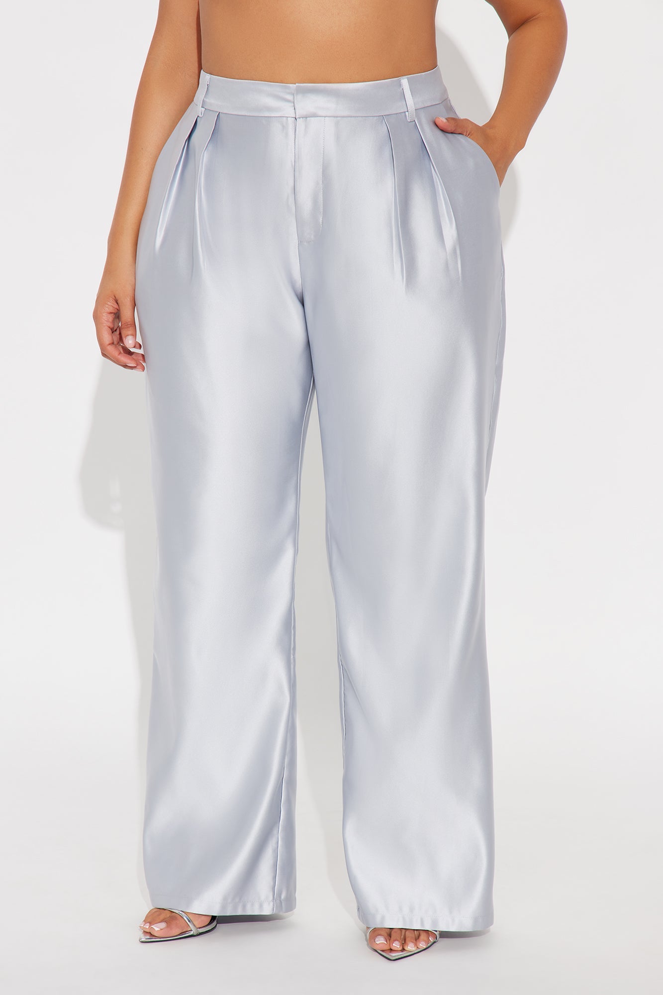 Late Night Cue Satin Wide Leg Pant 32″ - Silver