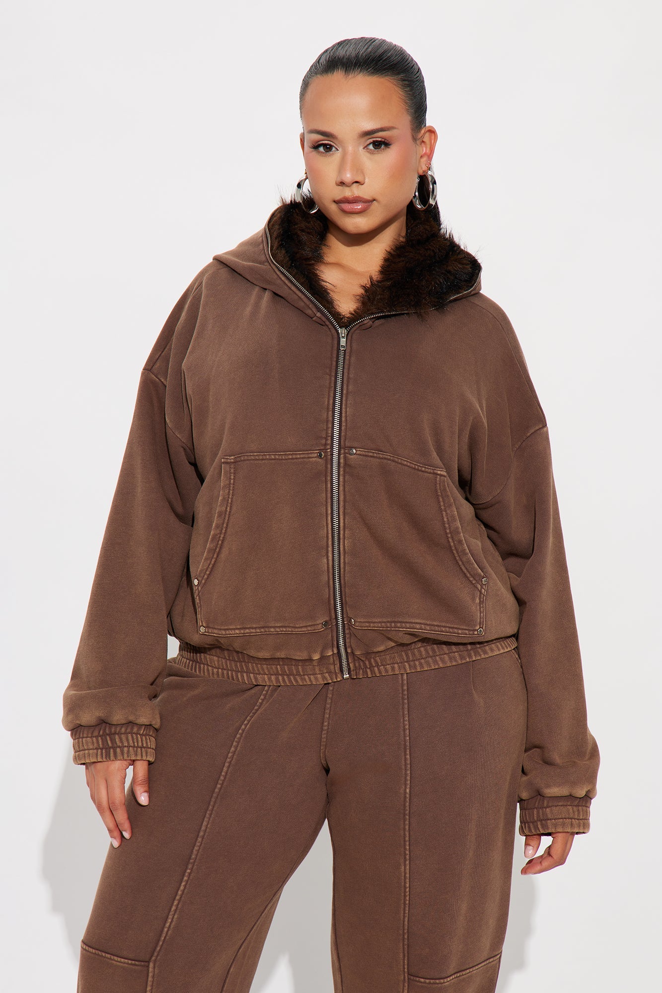 Melanie Fur Trim Pant Set - Brown