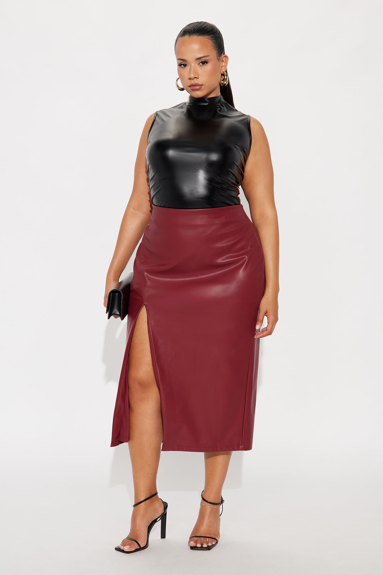 Amiah High Slit Faux Leather Midi Skirt - Burgundy