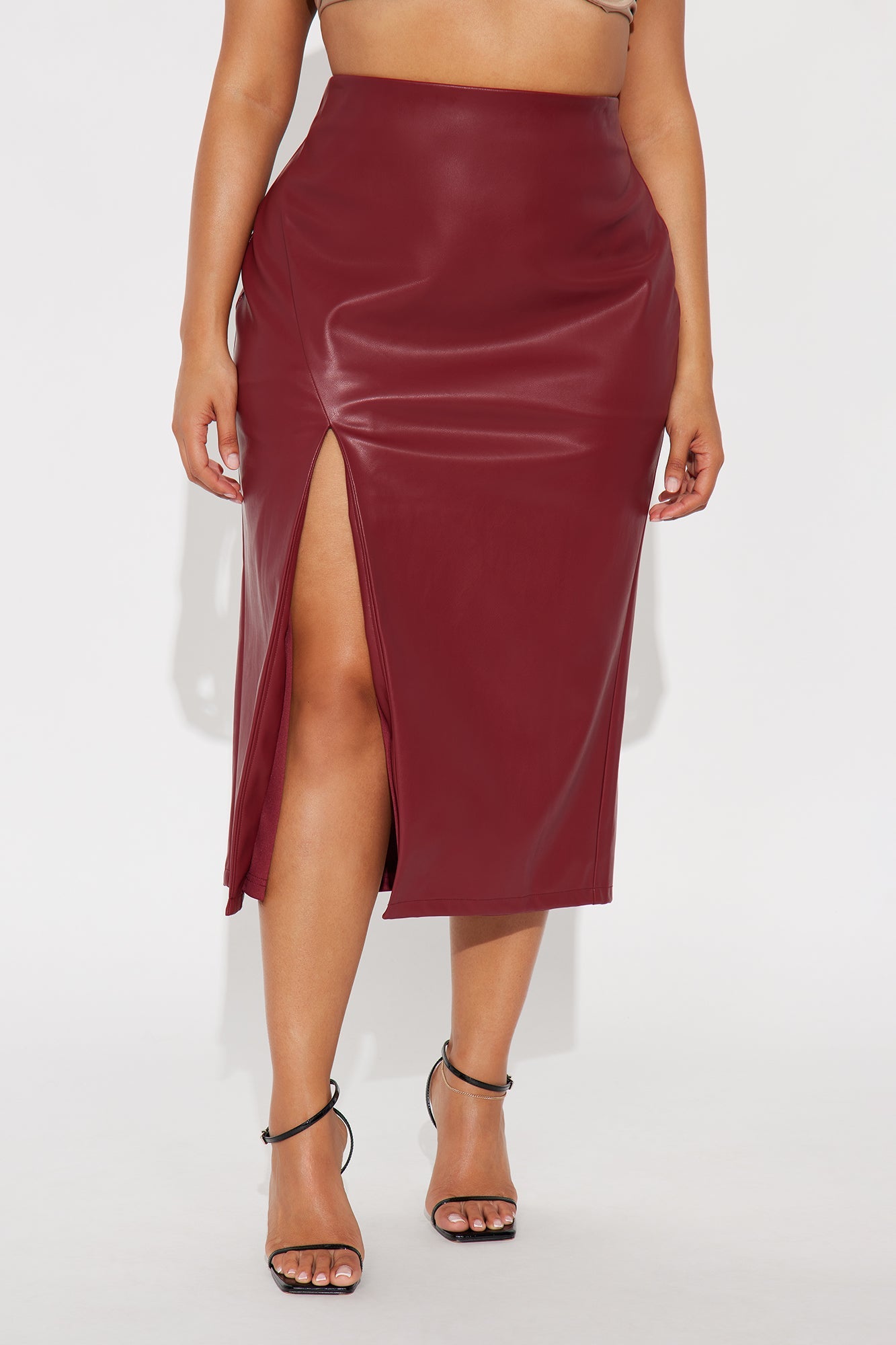 Amiah High Slit Faux Leather Midi Skirt - Burgundy