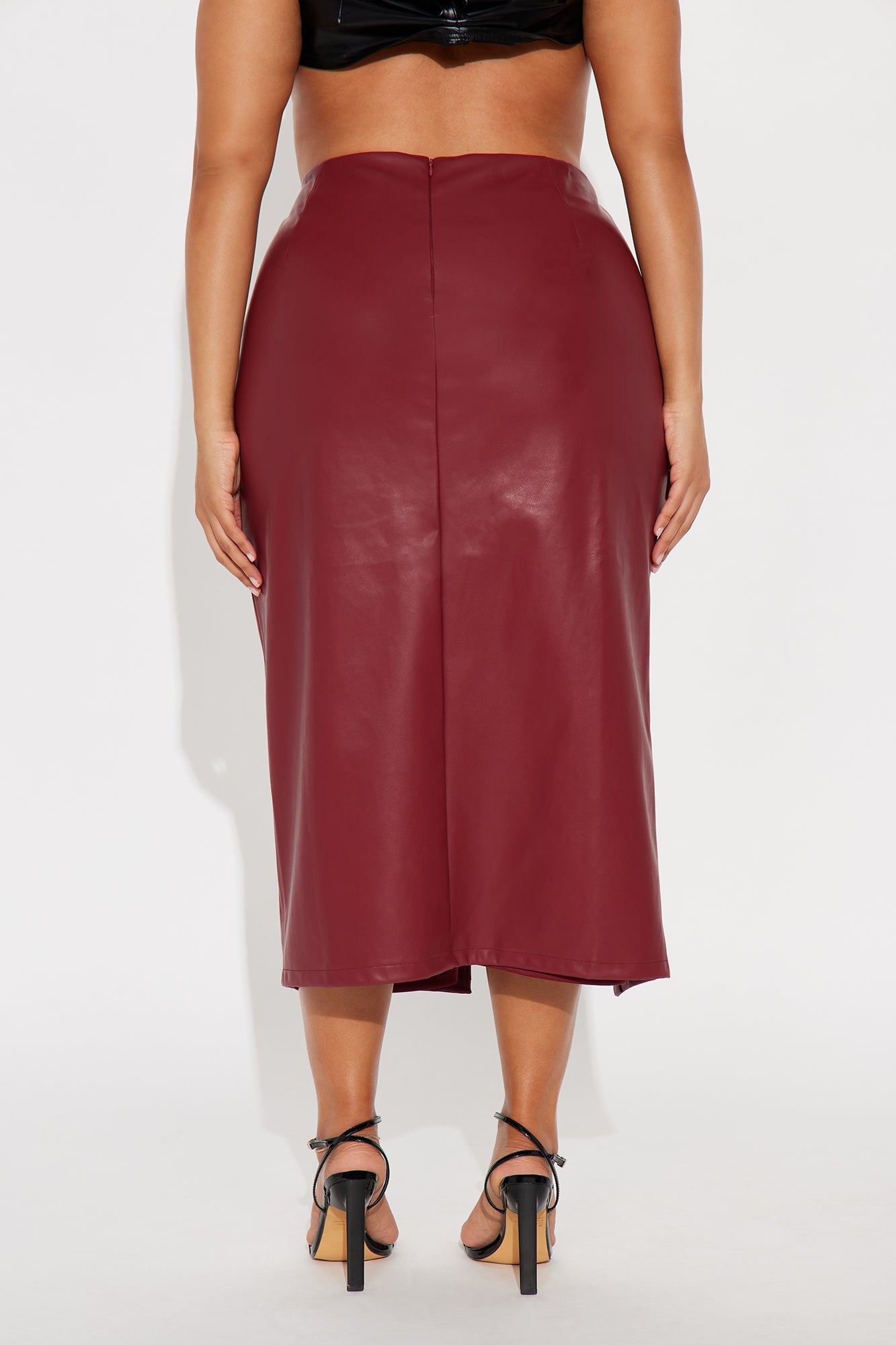Amiah High Slit Faux Leather Midi Skirt - Burgundy