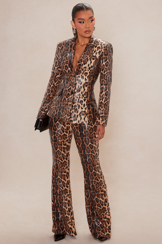 Vega Sequin Blazer Pant Set - Leopard
