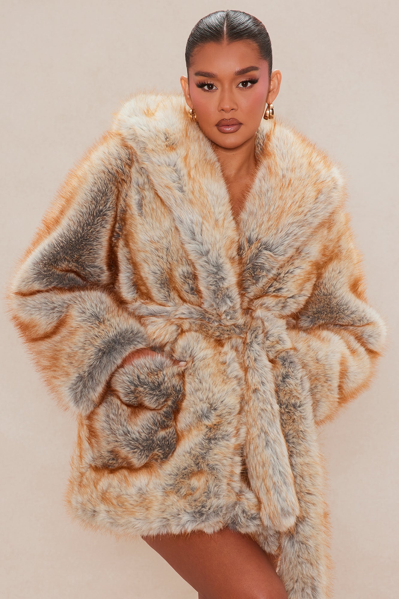 Raven Faux Fur Belted Jacket - Camel/combo