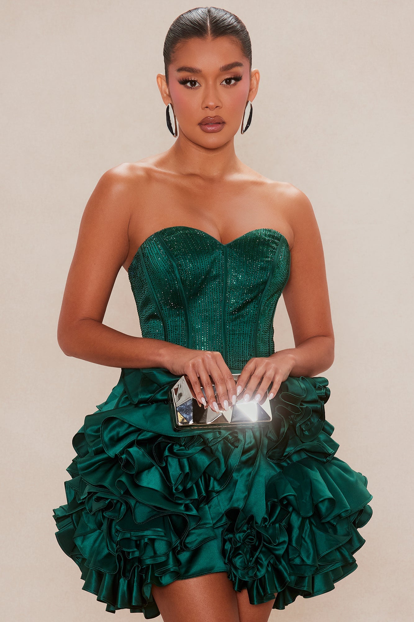 Crystal Rosette Embellished Mini Dress - Hunter