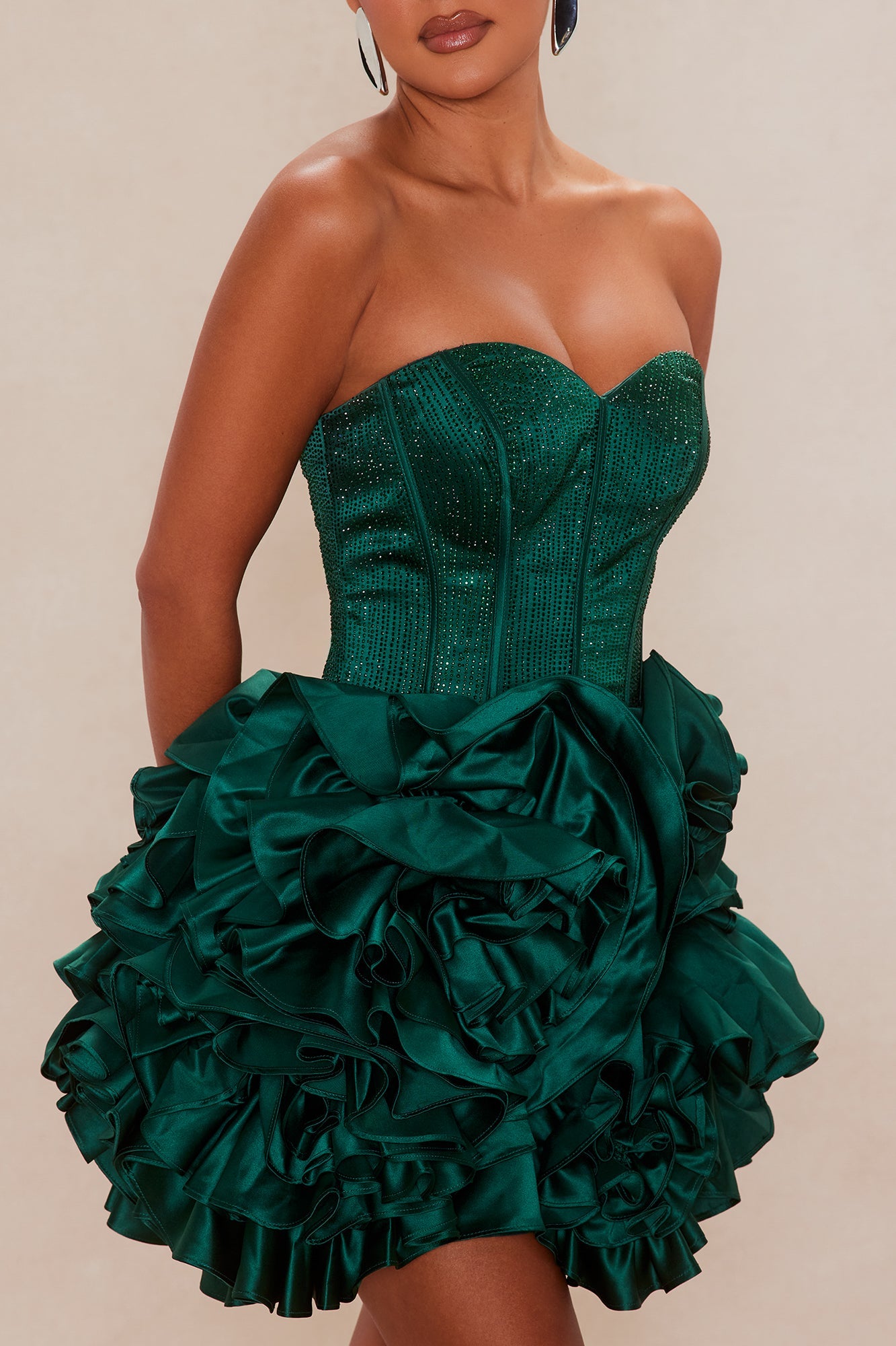 Crystal Rosette Embellished Mini Dress - Hunter