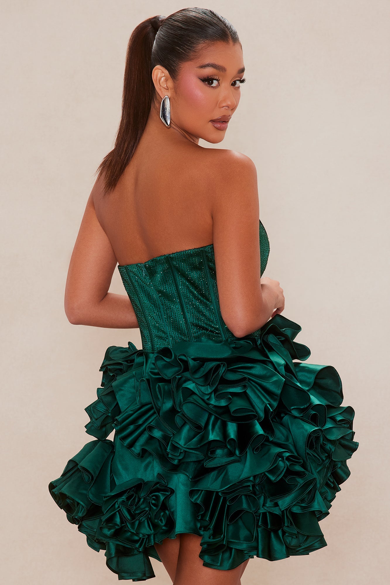 Crystal Rosette Embellished Mini Dress - Hunter