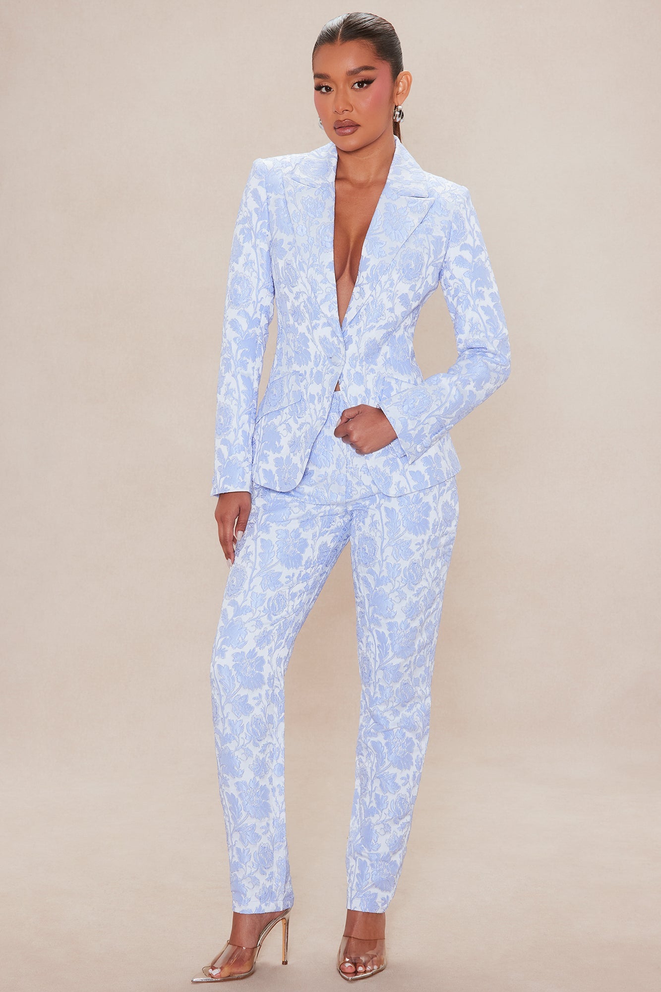 Charlotte Floral Jacquard Blazer Pant Set - Light Blue